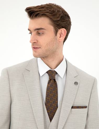 Bej Ex. Slim Fit Yelekli Takım Elbise