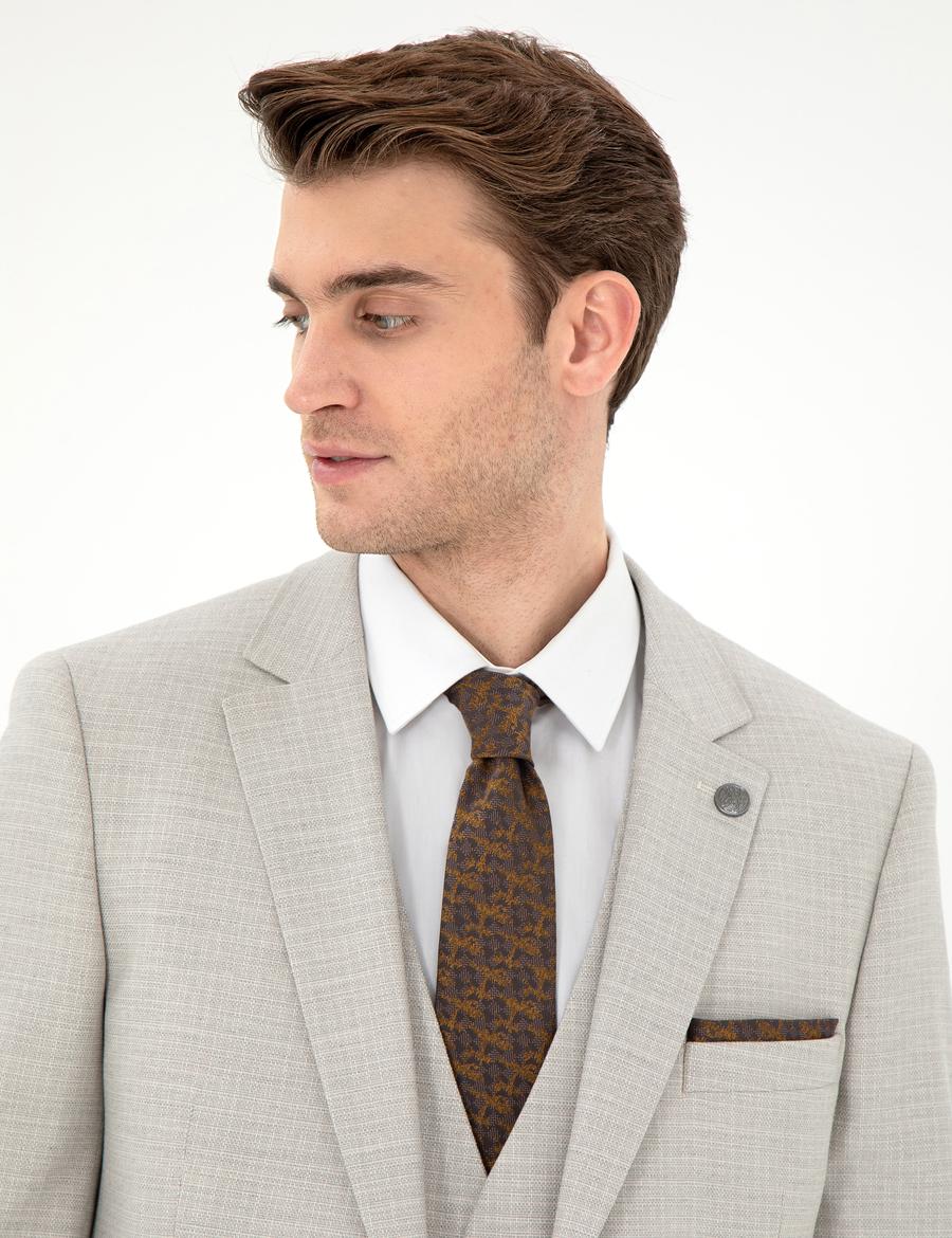 Bej Ex. Slim Fit Yelekli Takım Elbise