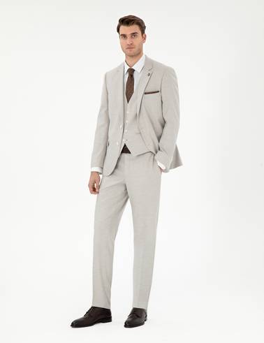 Bej Ex. Slim Fit Yelekli Takım Elbise