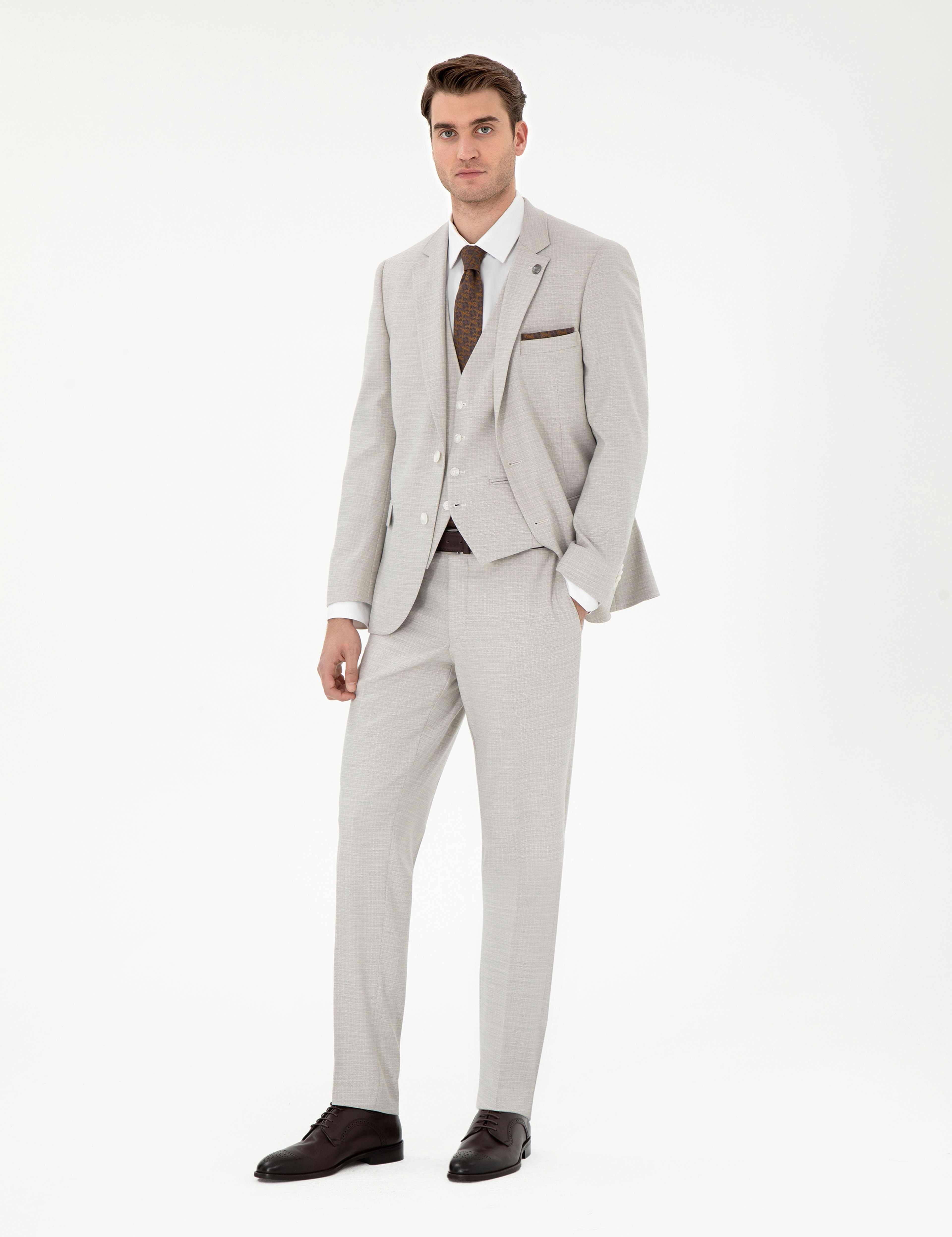 Bej Extra Slim Fit Yelekli Takım Elbise - Image 4