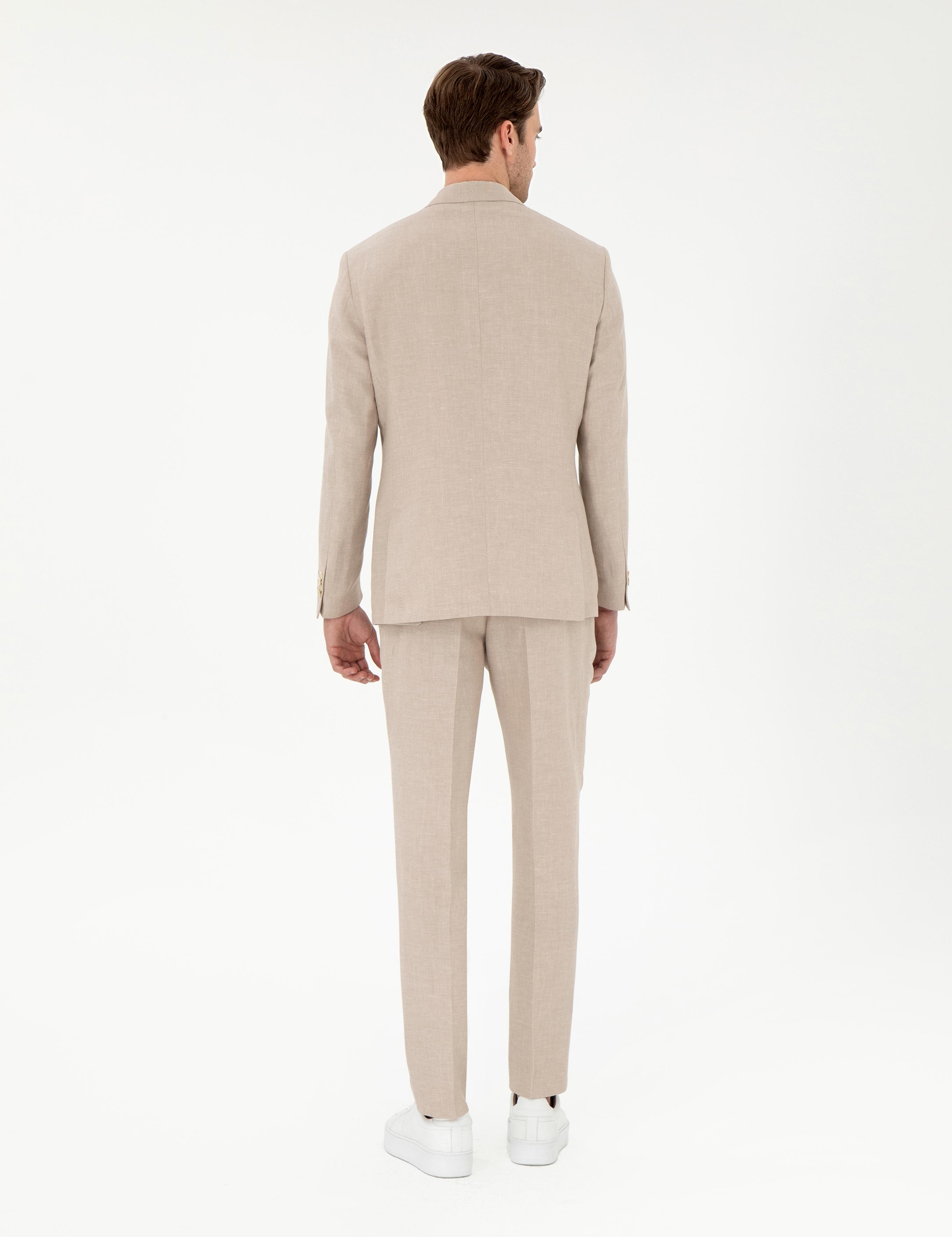 Açık Kahverengi Slim Fit Keten Karışımlı Pileli Pantolon