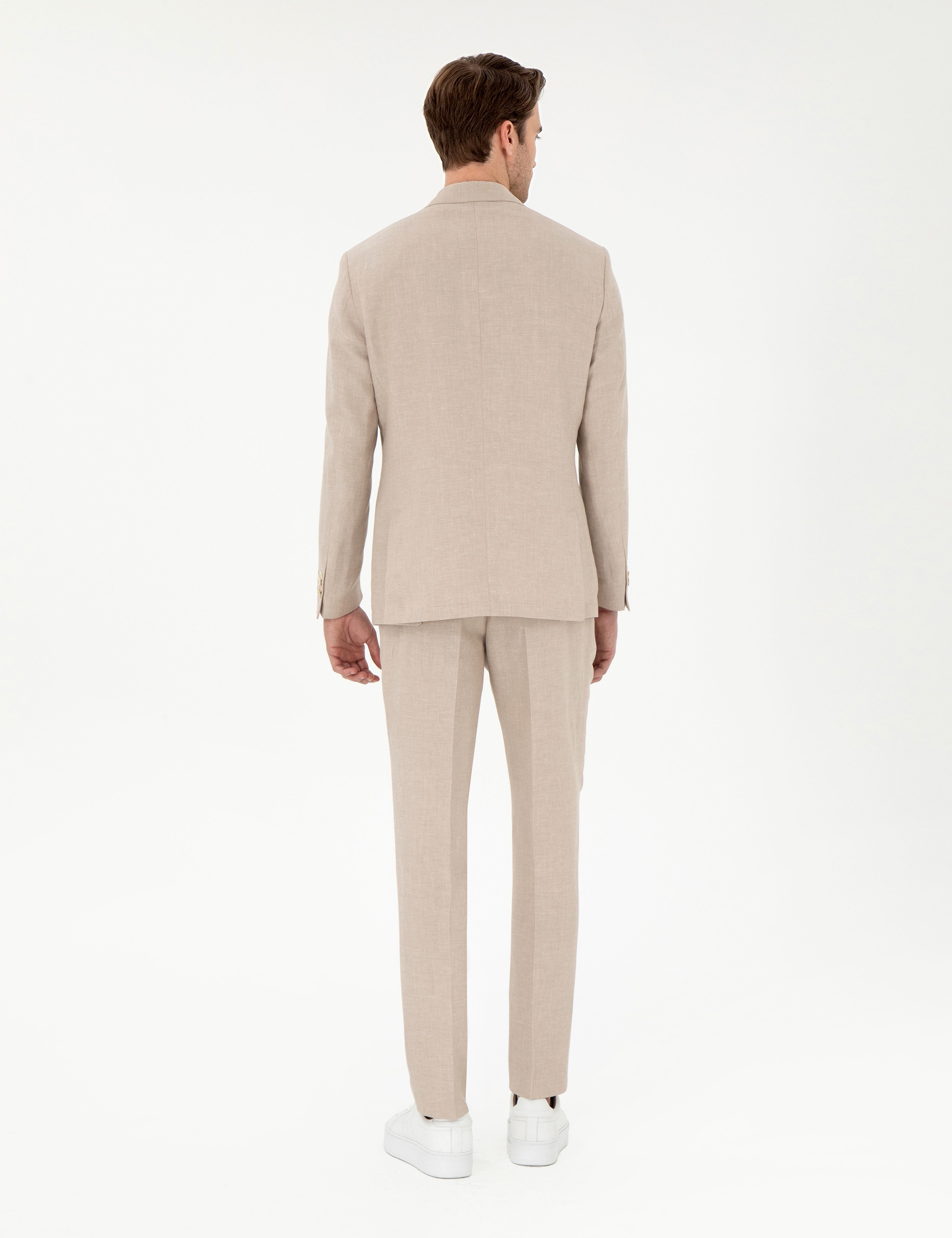 Açık Kahverengi Slim Fit Keten Karışımlı Pileli Pantolon - Image 4