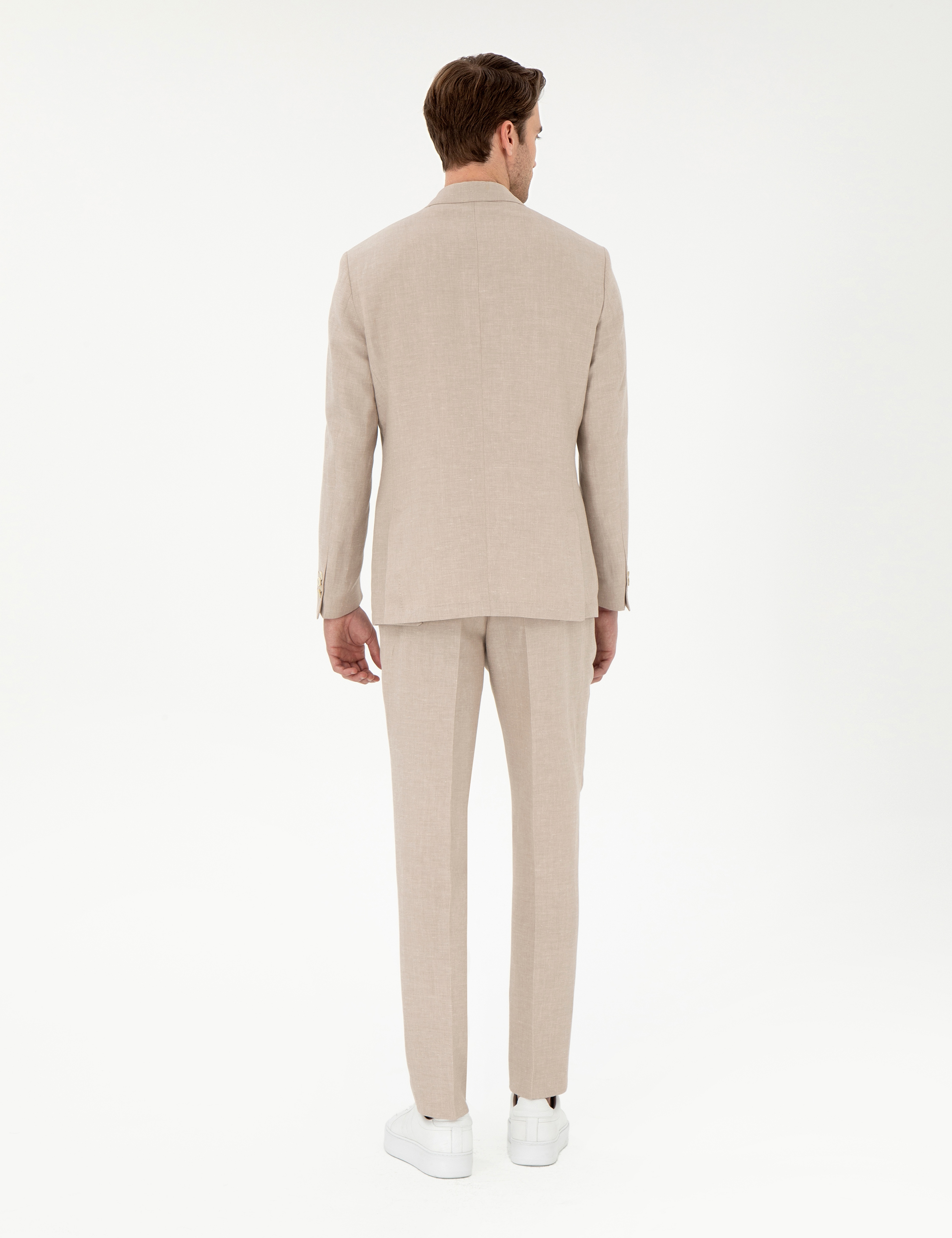 Açık Kahverengi Slim Fit Keten Karışımlı Pileli Pantolon