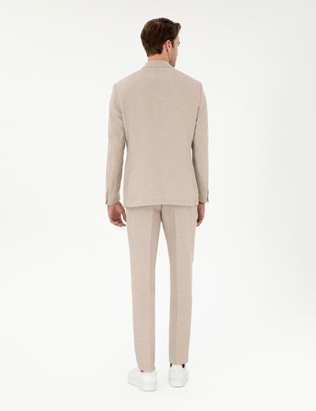 Açık Kahverengi Slim Fit Keten Karışımlı Pileli Pantolon - 50306716012