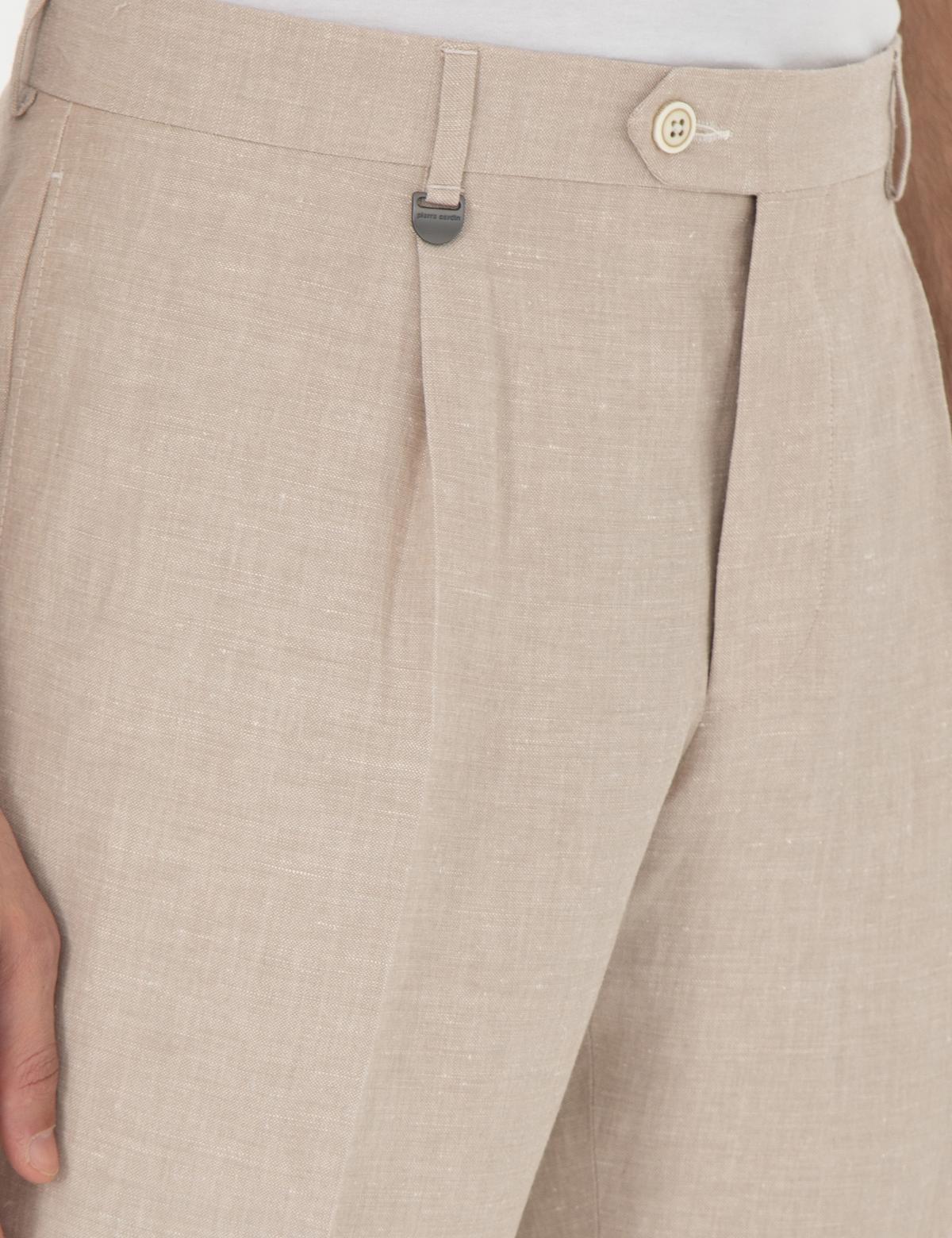 Açık Kahverengi Slim Fit Keten Karışımlı Pileli Pantolon - 50306716012