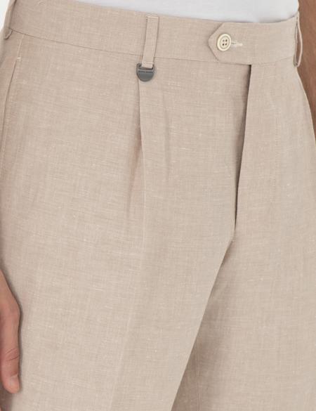 Açık Kahverengi Slim Fit Keten Karışımlı Pileli Pantolon - 50306716012