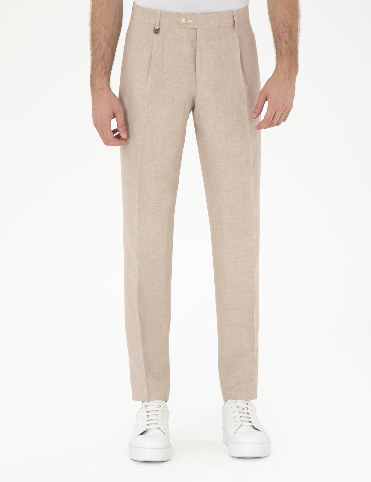 Açık Kahverengi Slim Fit Keten Karışımlı Pileli Pantolon - 50306716012