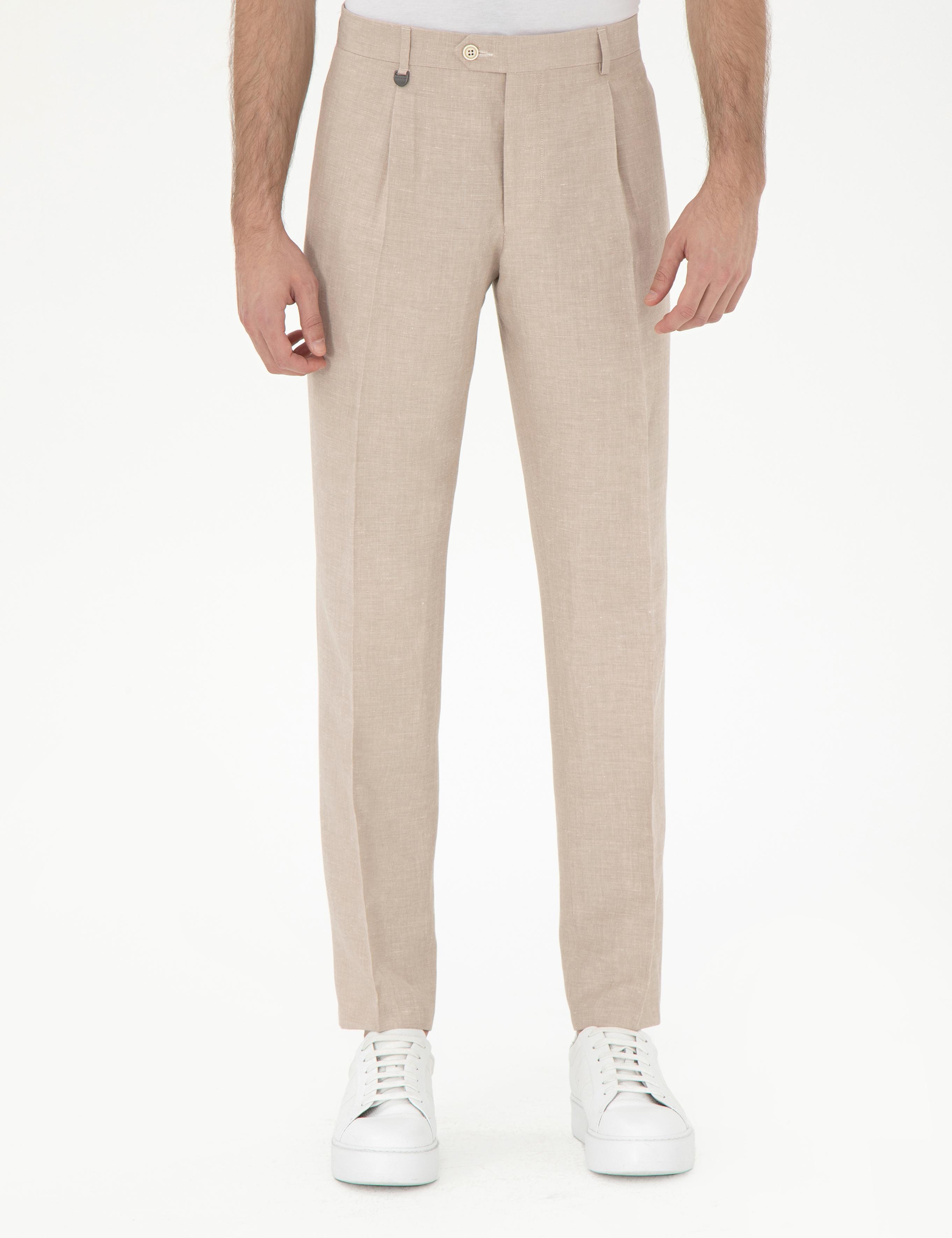 Açık Kahverengi Slim Fit Keten Karışımlı Pileli Pantolon