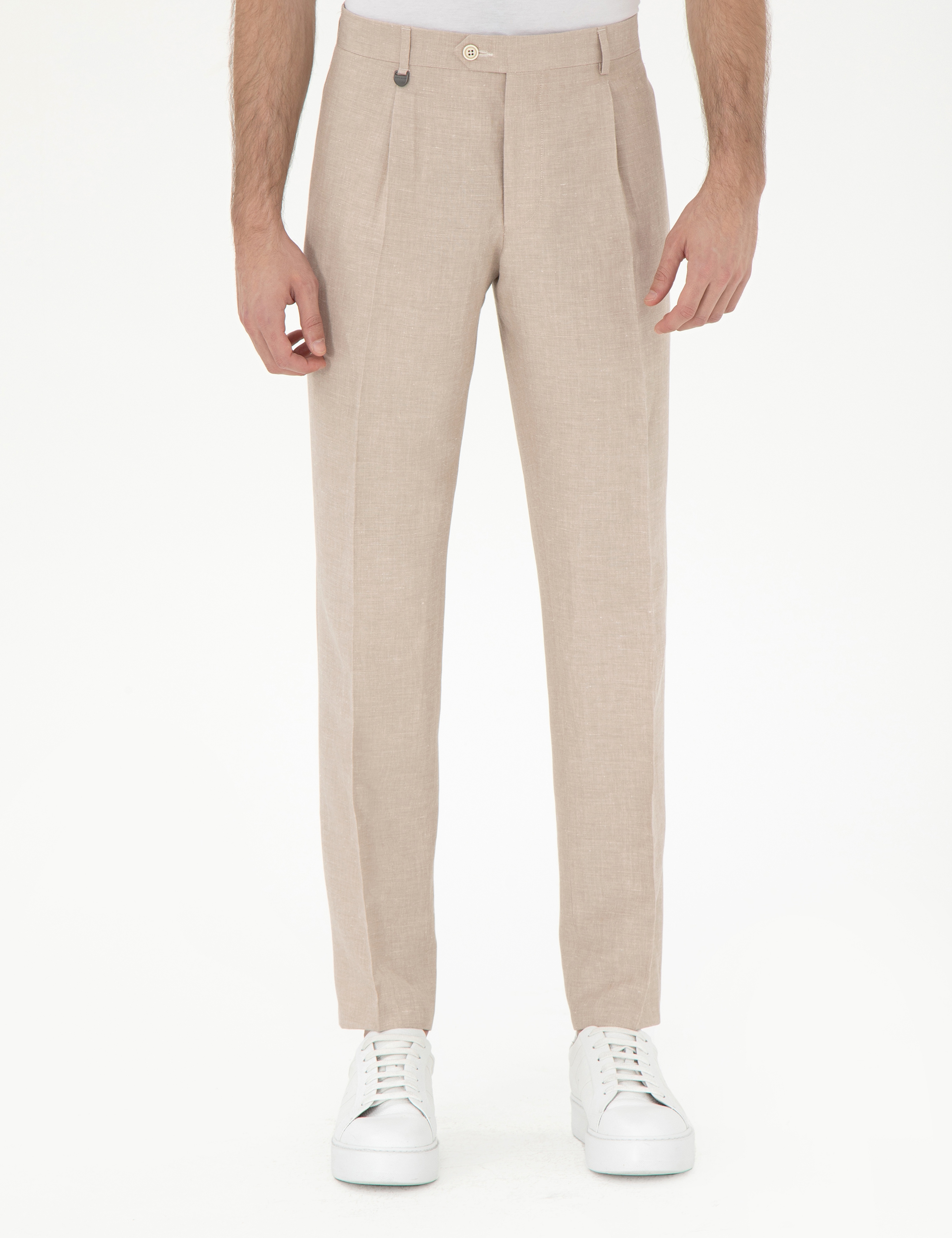 Açık Kahverengi Slim Fit Keten Karışımlı Pileli Pantolon - Image 2