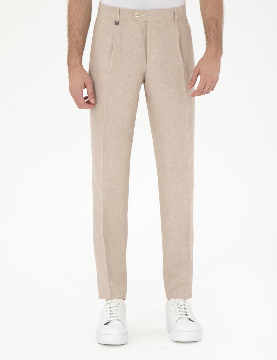 Açık Kahverengi Slim Fit Keten Karışımlı Pileli Pantolon