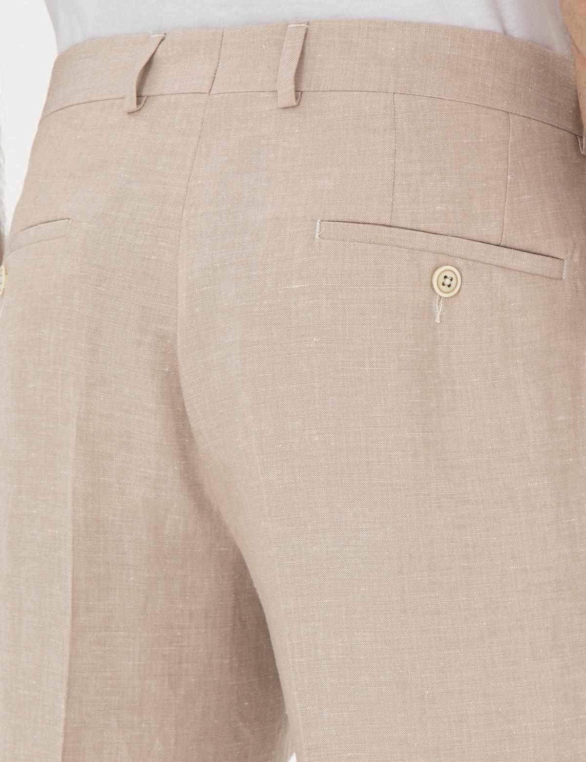 Açık Kahverengi Slim Fit Keten Karışımlı Pileli Pantolon - 50306716012