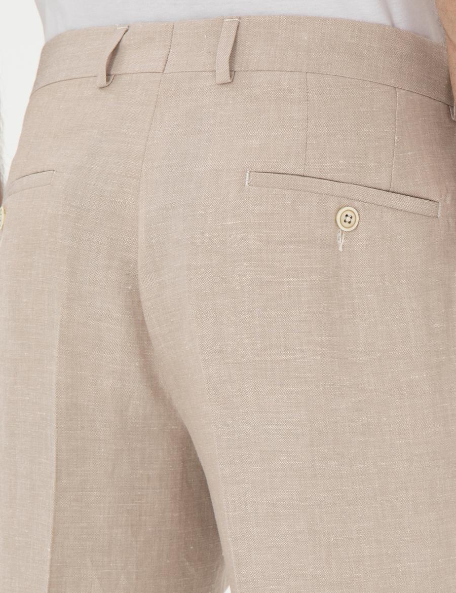 Açık Kahverengi Slim Fit Keten Karışımlı Pileli Pantolon