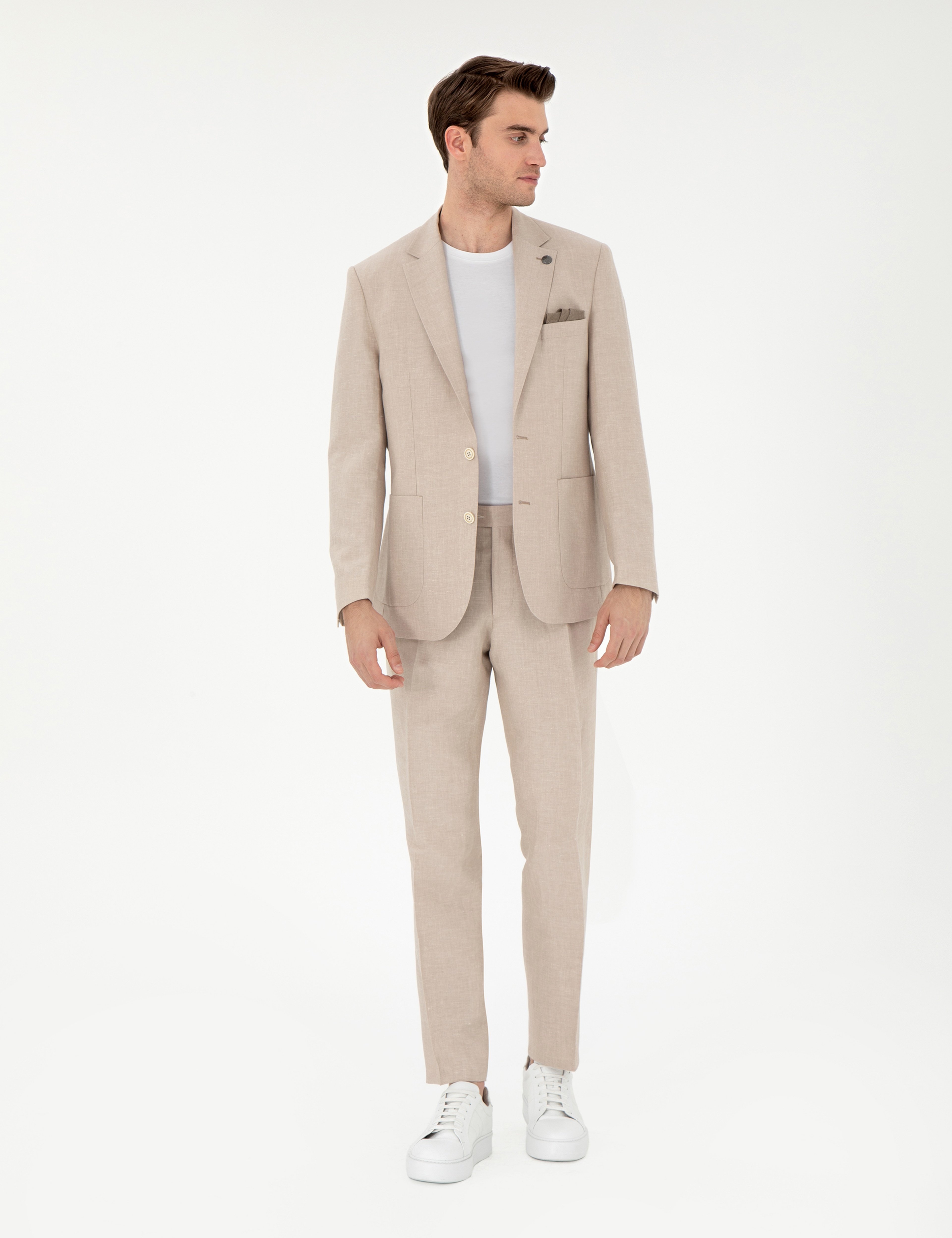 Açık Kahverengi Slim Fit Keten Karışımlı Pileli Pantolon