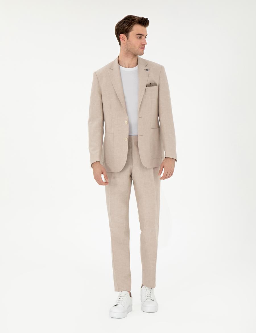 Açık Kahverengi Slim Fit Keten Karışımlı Pileli Pantolon