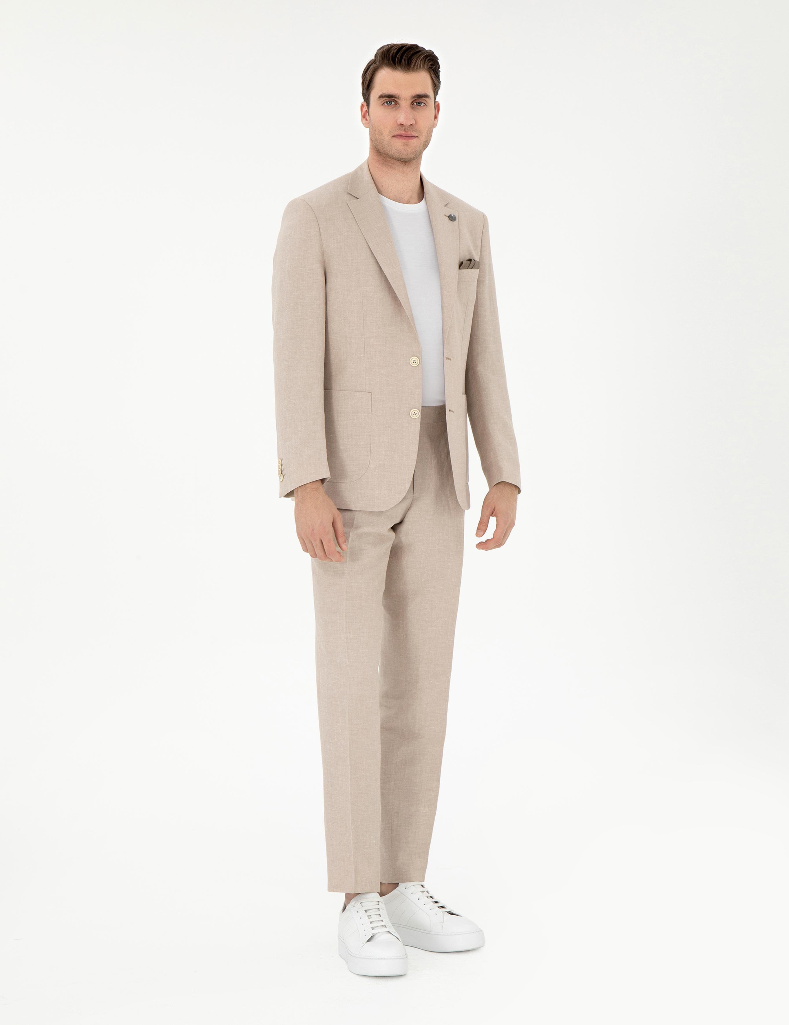 Açık Kahverengi Slim Fit Keten Karışımlı Pileli Pantolon