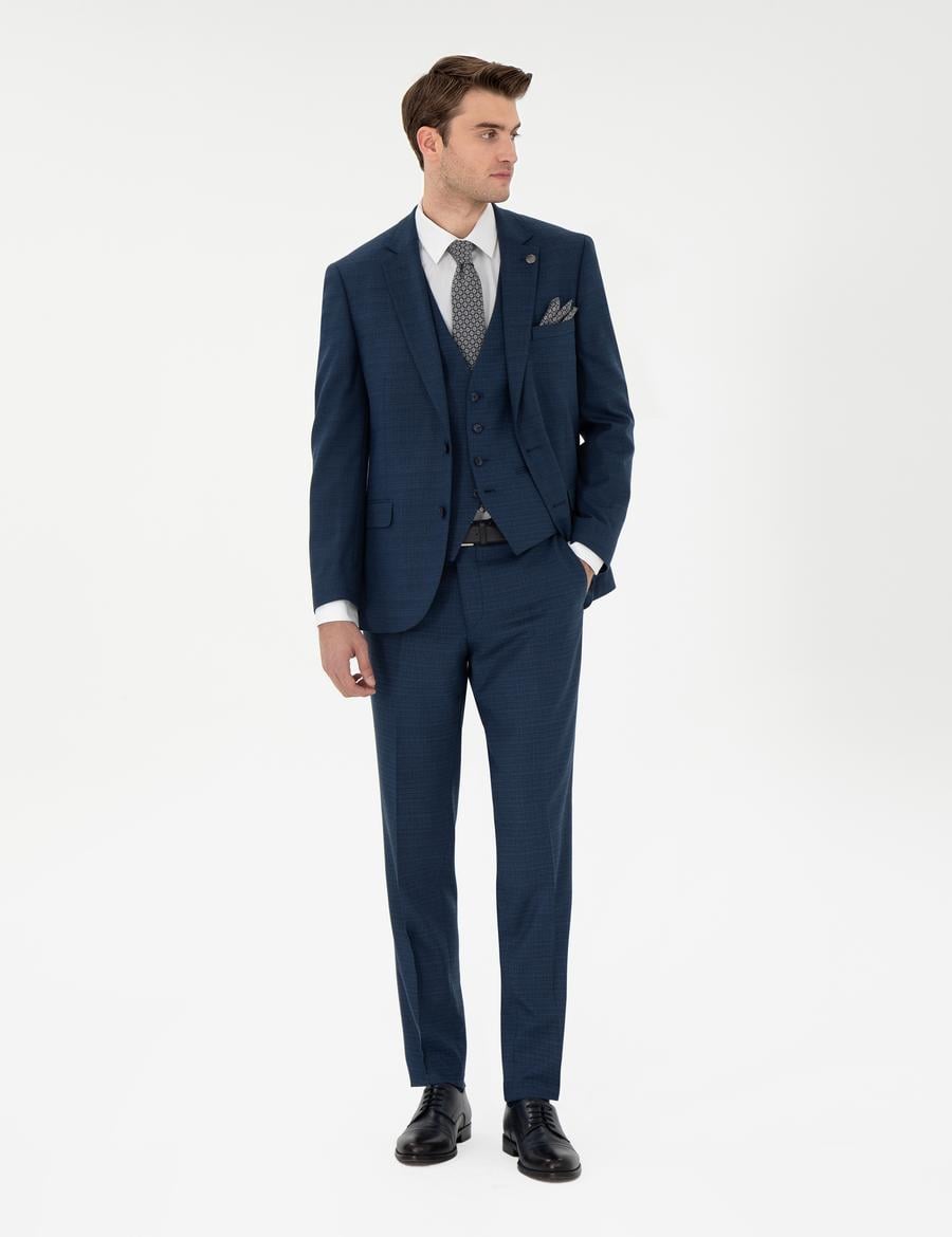 Lacivert Ex. Slim Fit Yelekli Takım Elbise