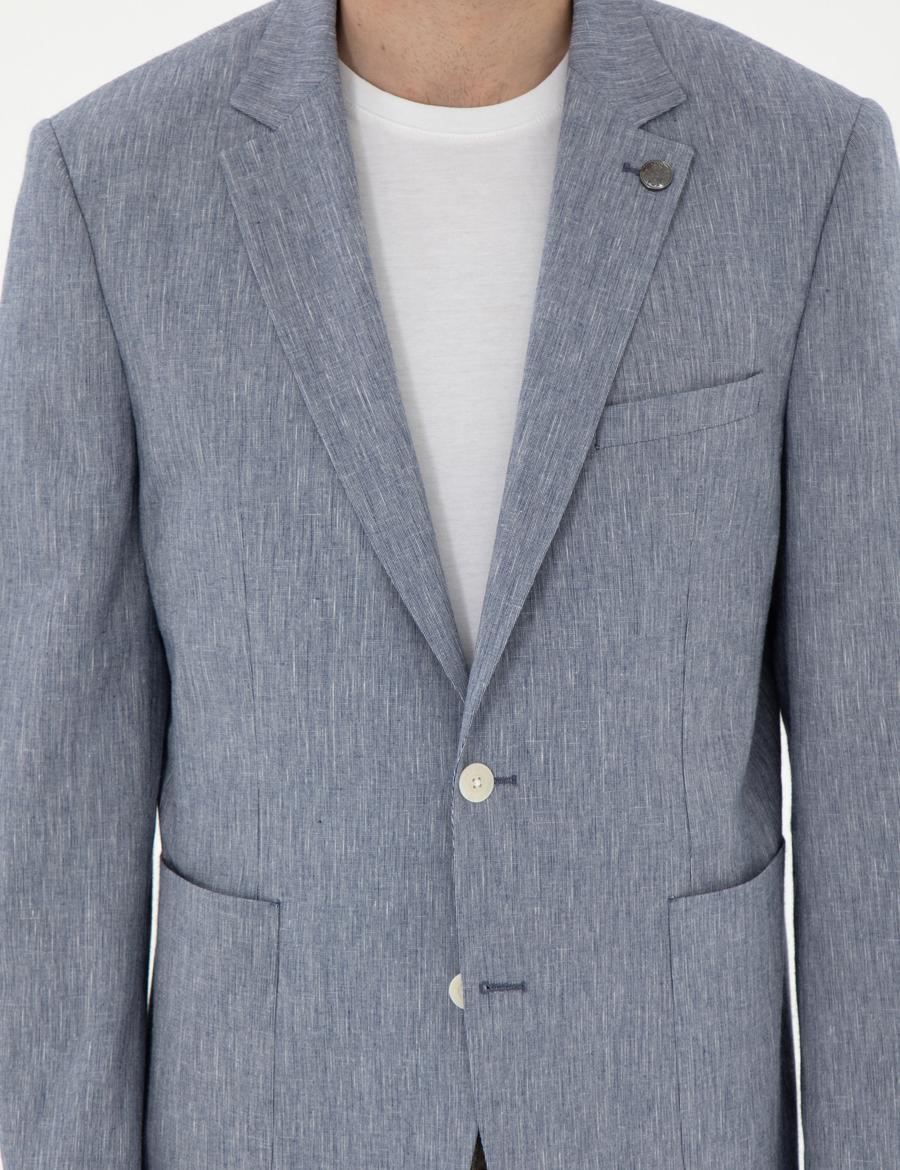 Koyu Mavi Ex. Slim Fit Keten Karışımlı Ceket