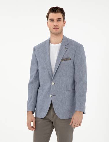 Koyu Mavi Ex. Slim Fit Keten Karışımlı Ceket