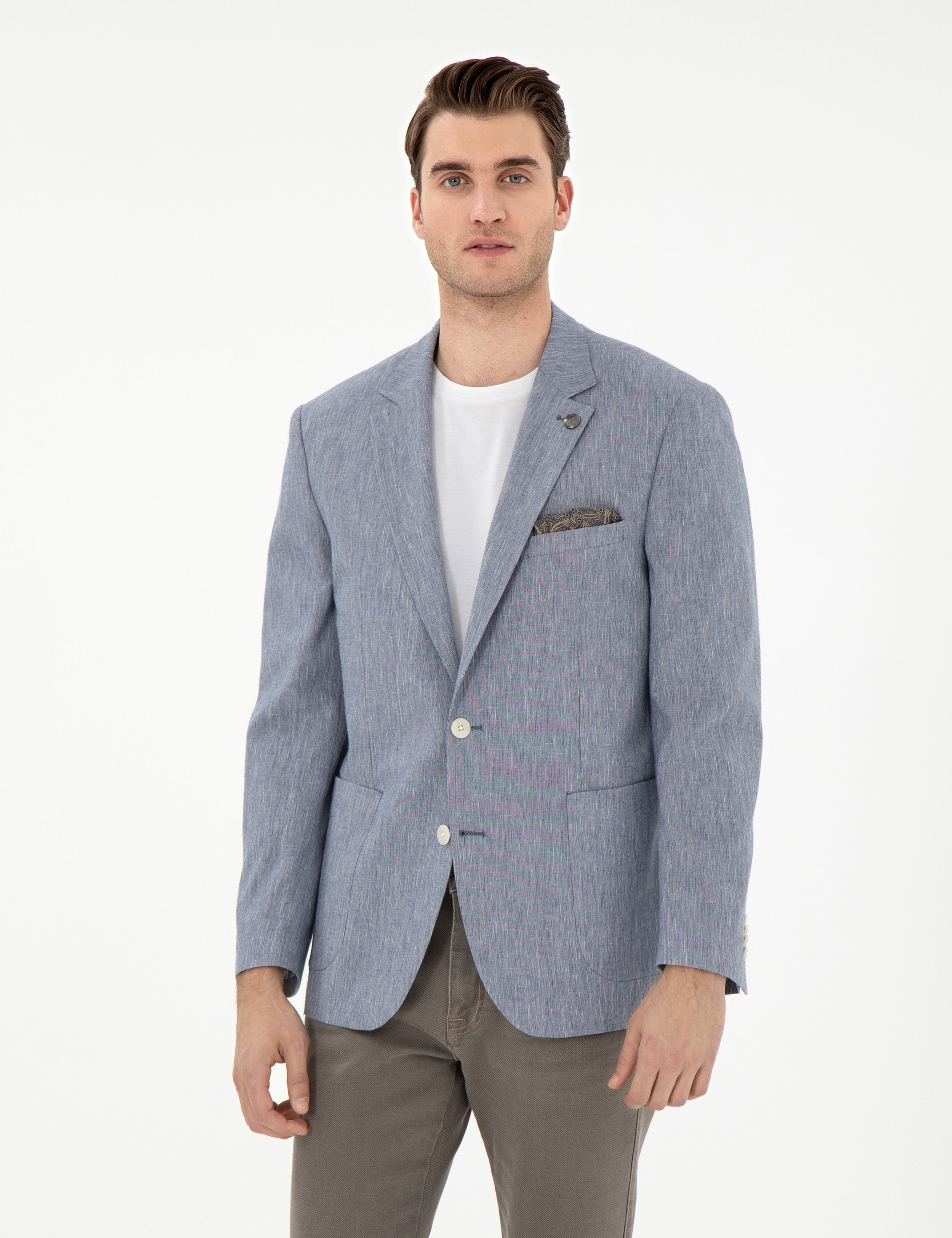 Koyu Mavi Ex. Slim Fit Keten Karışımlı Ceket - Image 1