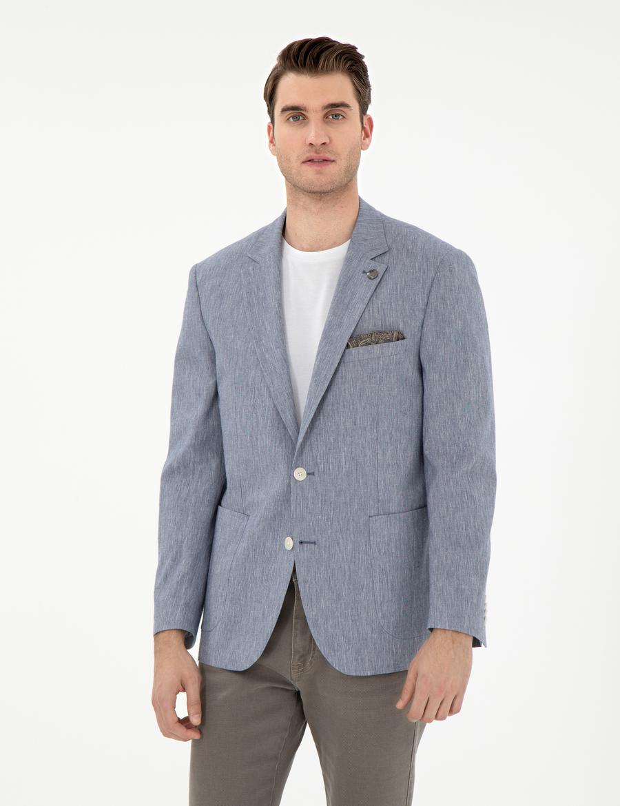 Koyu Mavi Ex. Slim Fit Keten Karışımlı Ceket