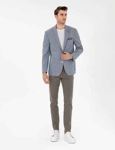 Koyu Mavi Ex. Slim Fit Keten Karışımlı Ceket