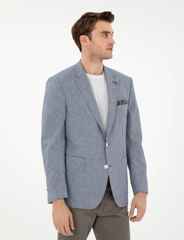 Koyu Mavi Ex. Slim Fit Keten Karışımlı Ceket