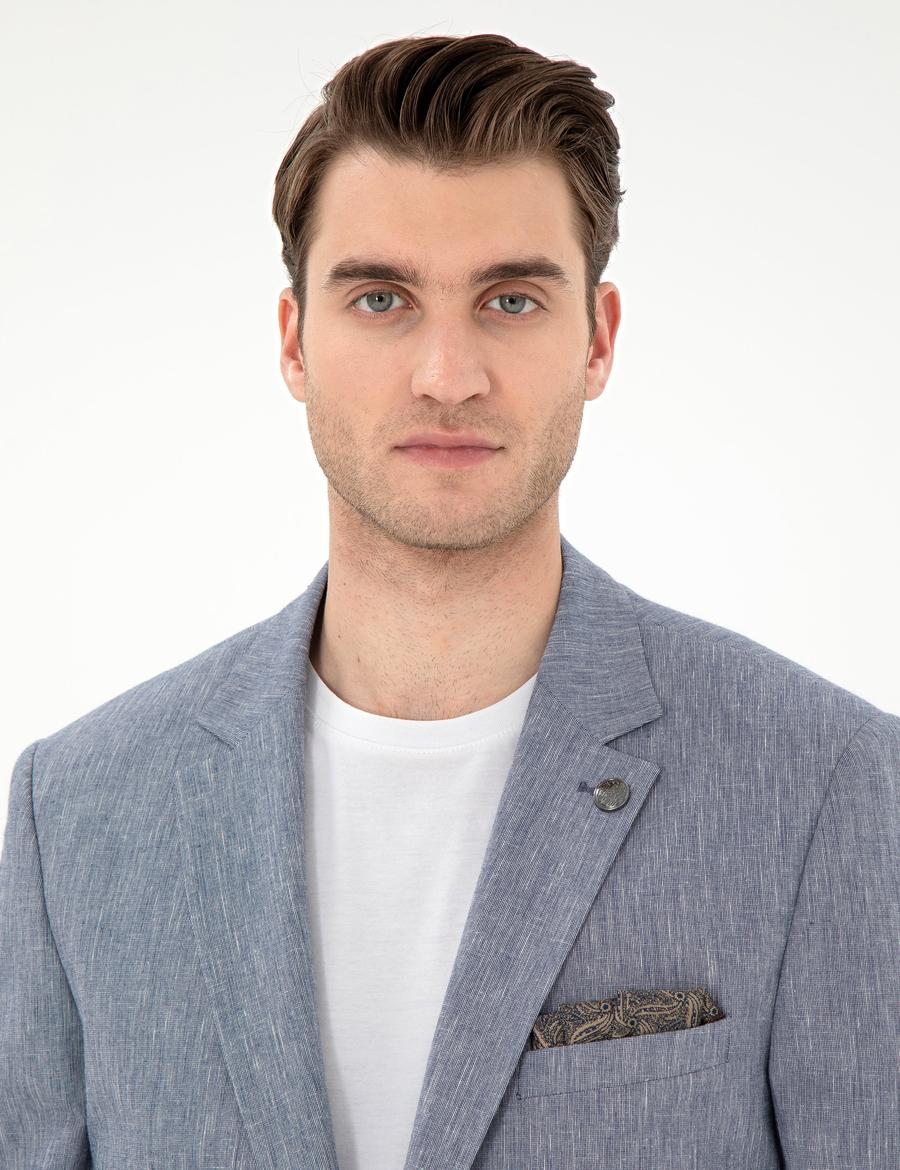 Koyu Mavi Ex. Slim Fit Keten Karışımlı Ceket