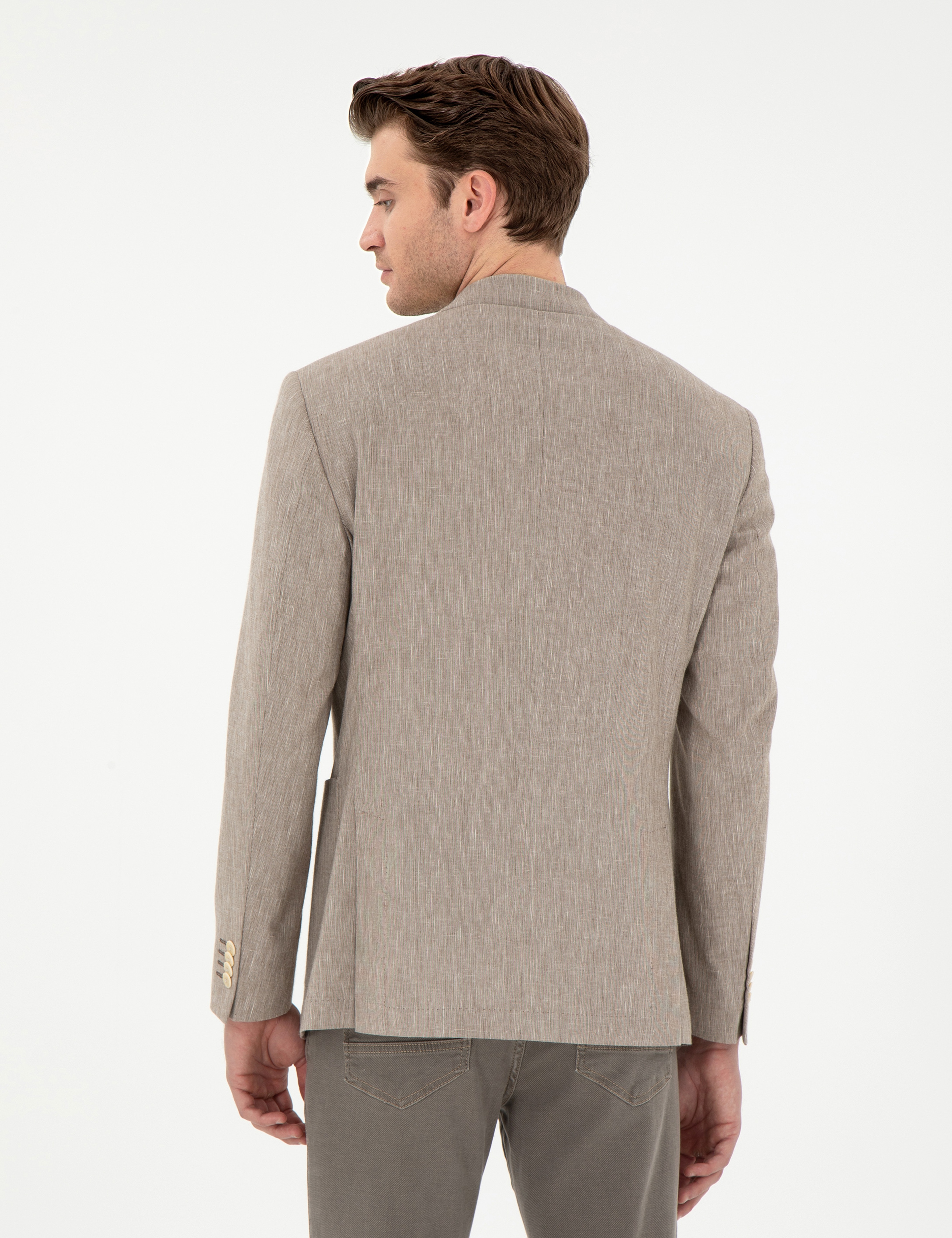 Açık Kahverengi Ex. Slim Fit Keten Karışımlı Ceket - Image 5