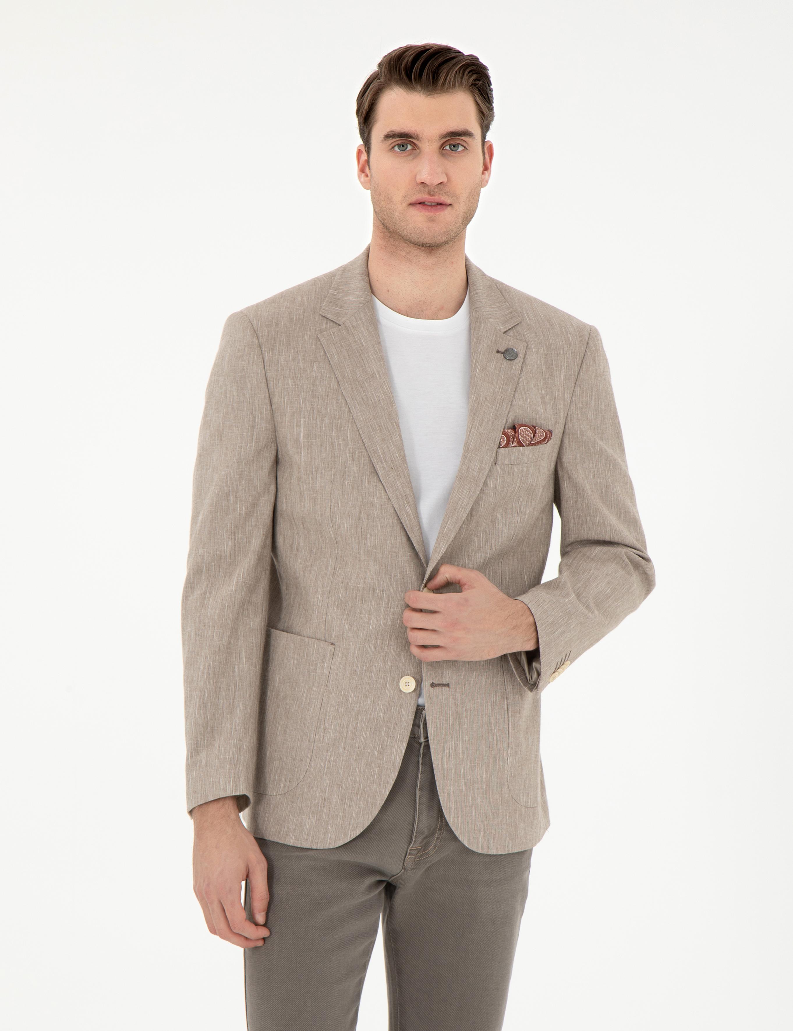 Açık Kahverengi Ex. Slim Fit Keten Karışımlı Ceket