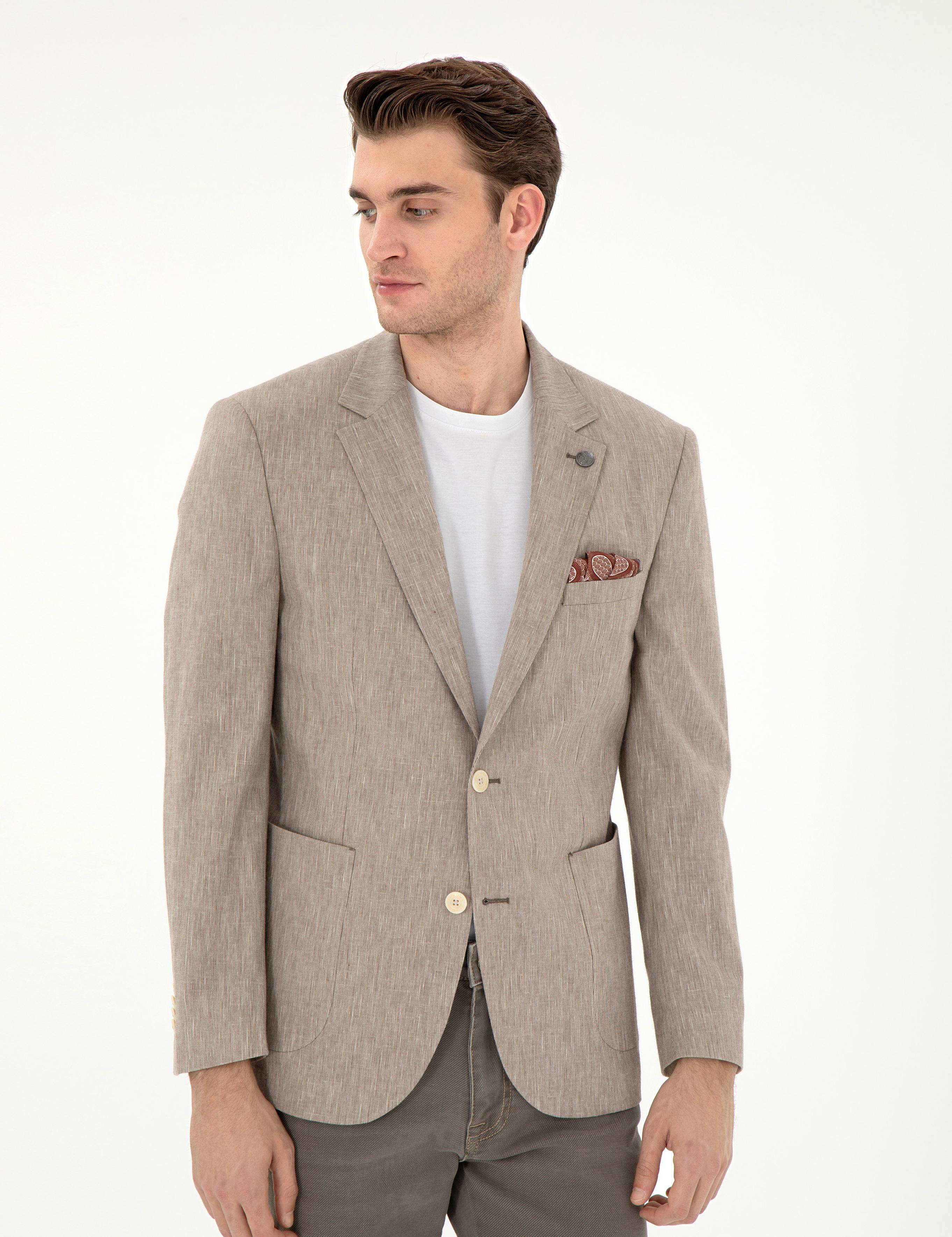 Açık Kahverengi Ex. Slim Fit Keten Karışımlı Ceket