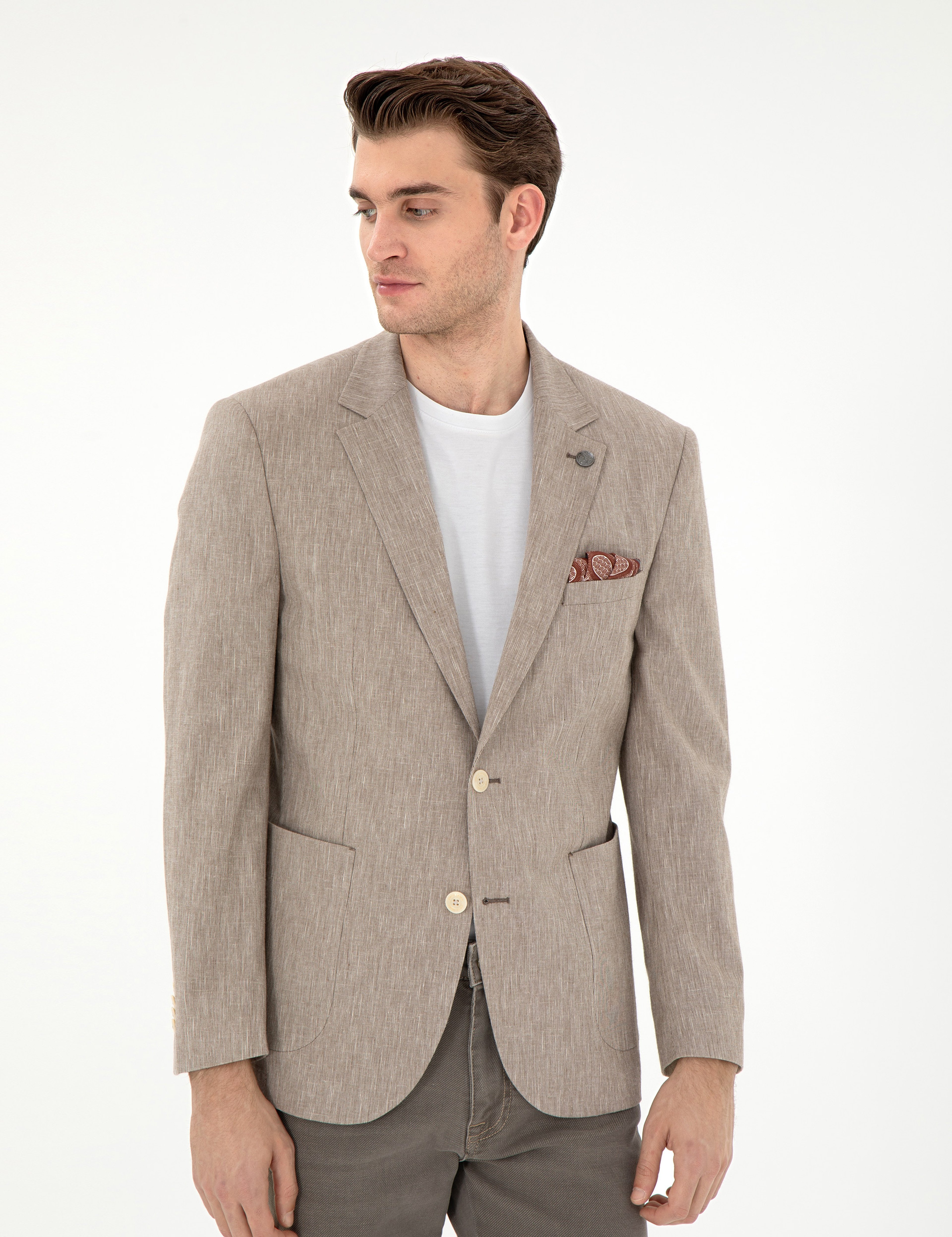 Açık Kahverengi Ex. Slim Fit Keten Karışımlı Ceket
