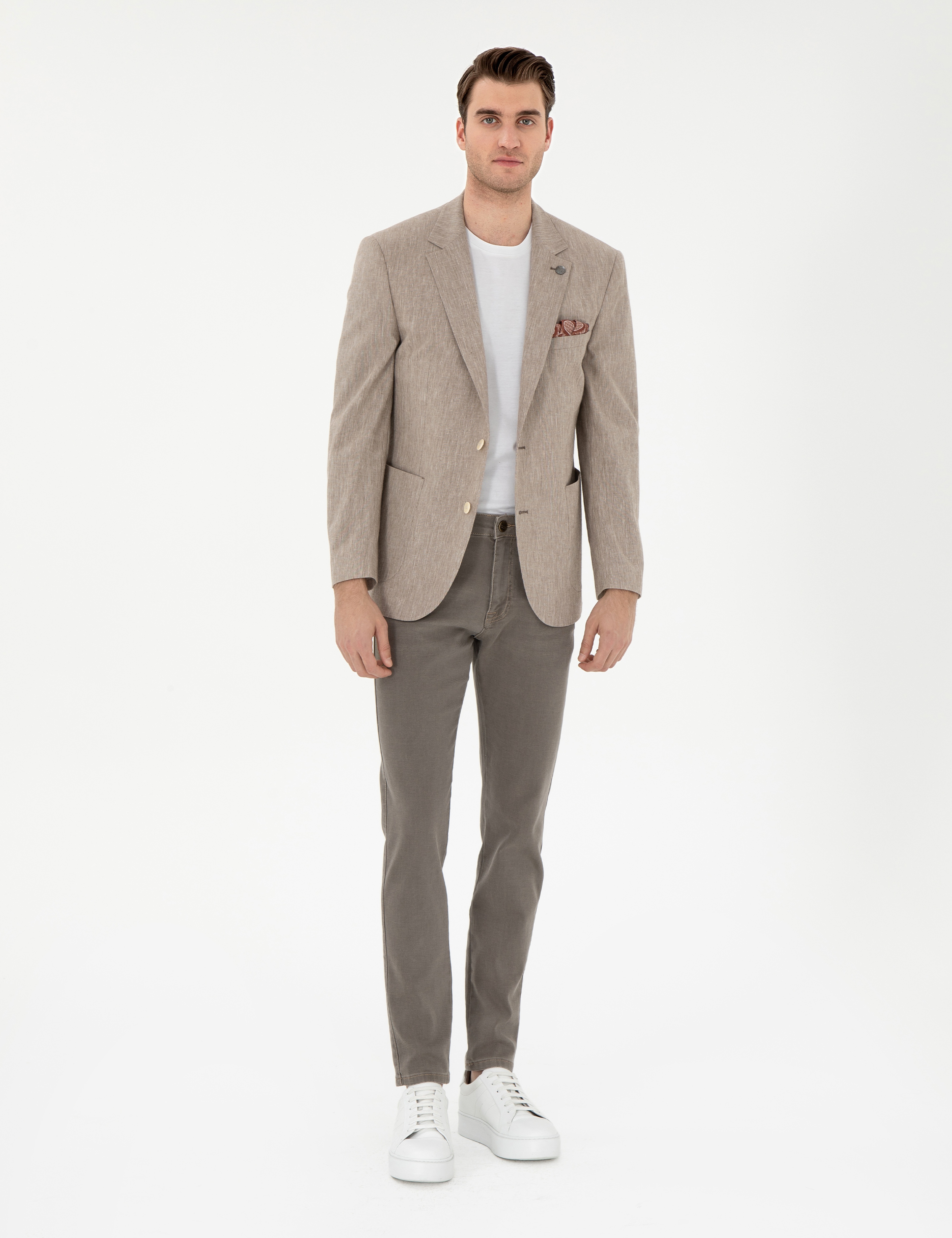 Açık Kahverengi Ex. Slim Fit Keten Karışımlı Ceket - Image 4