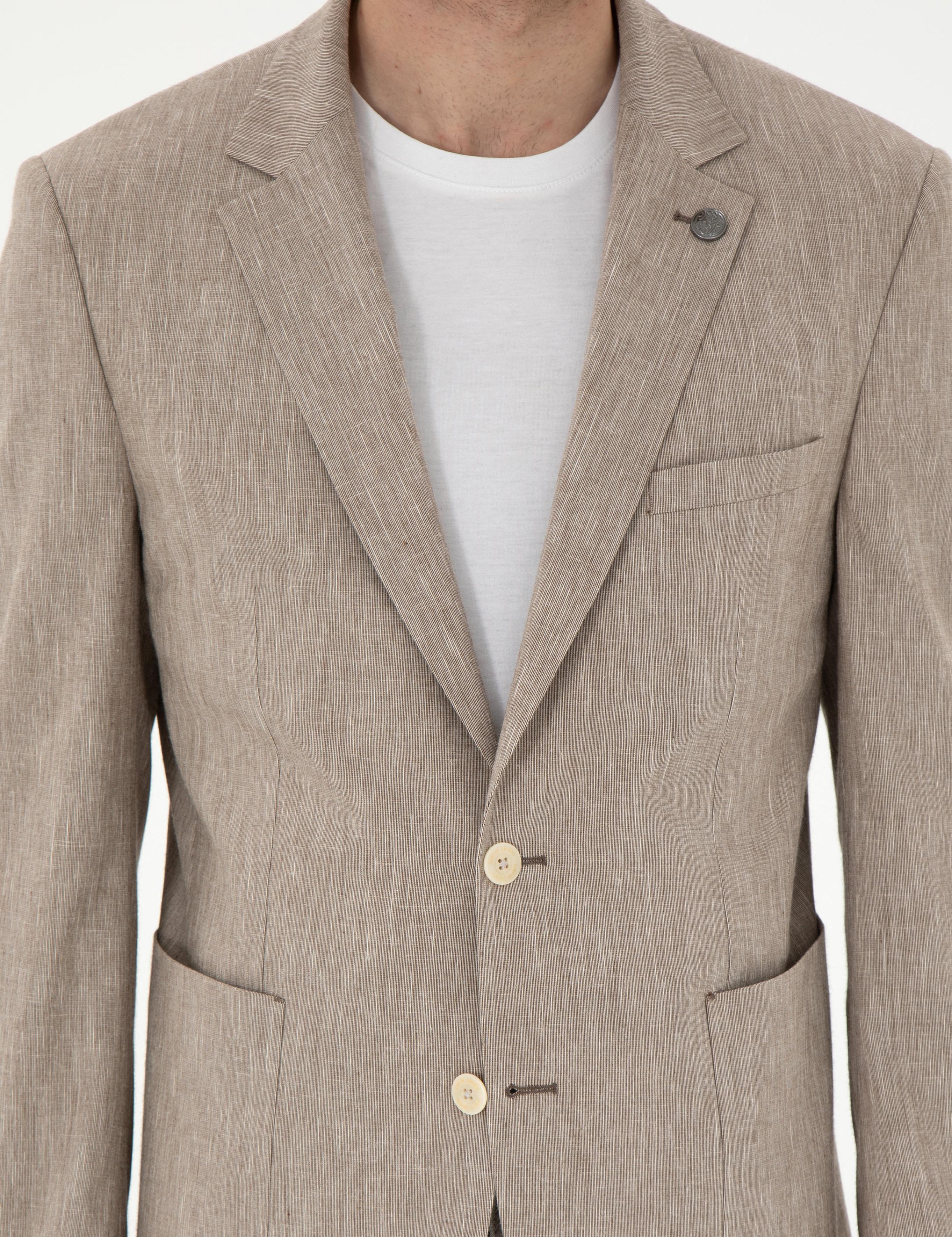 Açık Kahverengi Ex. Slim Fit Keten Karışımlı Ceket