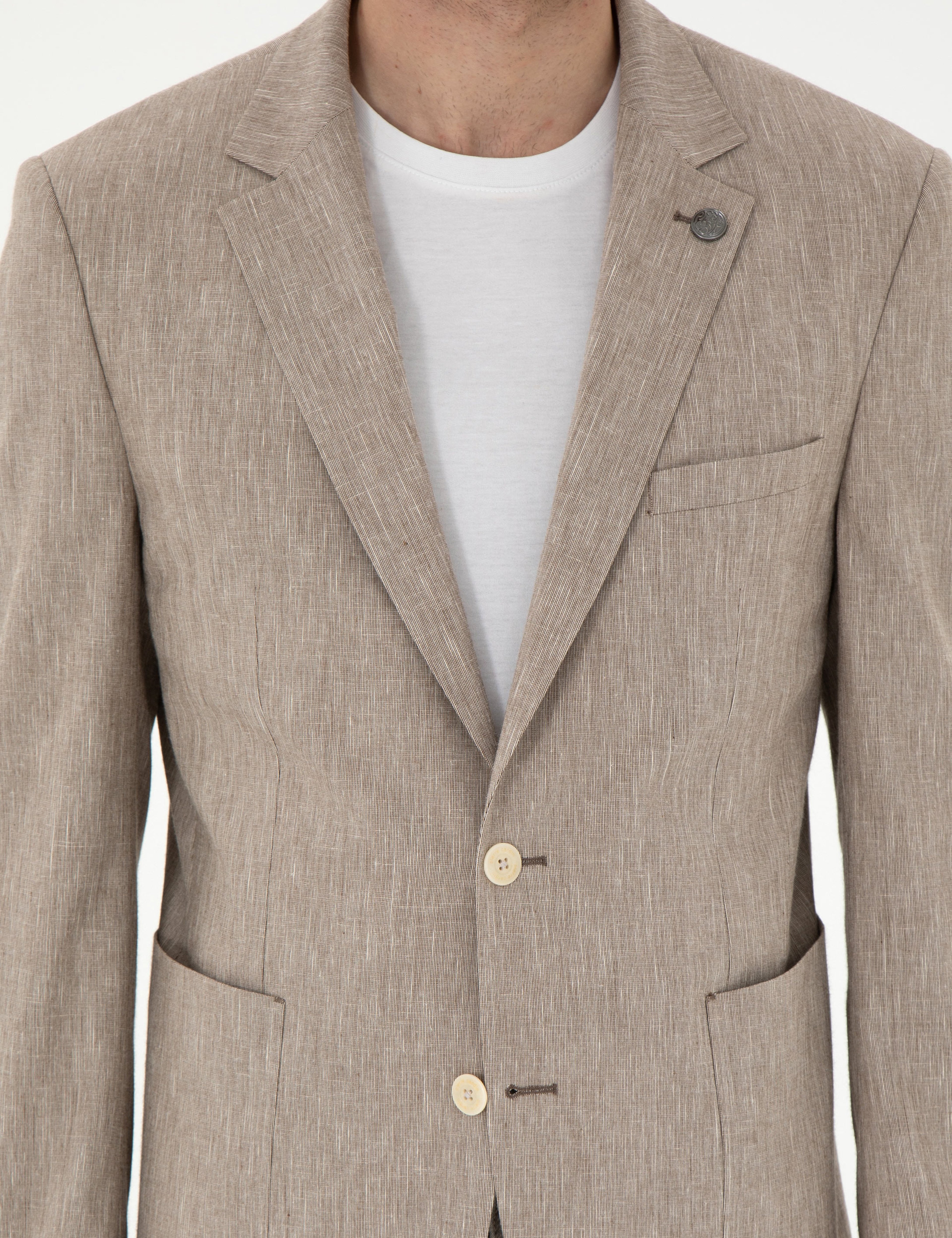 Açık Kahverengi Ex. Slim Fit Keten Karışımlı Ceket