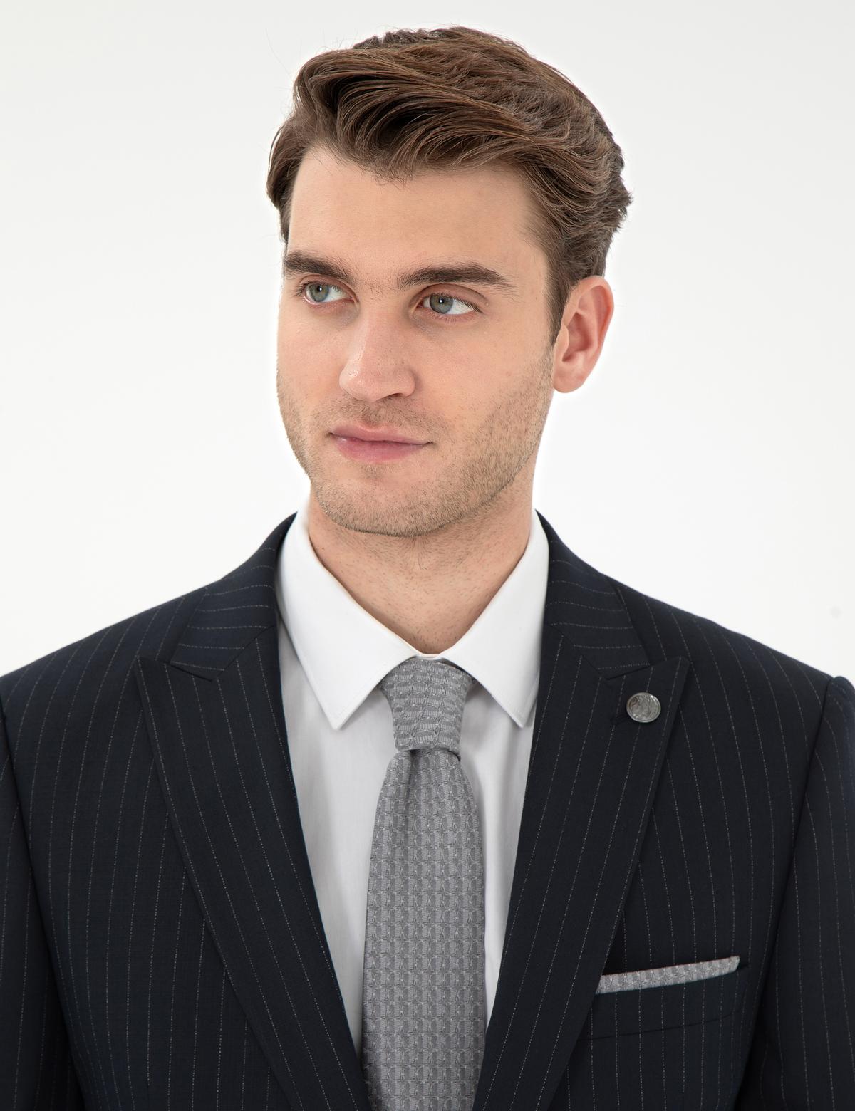 Lacivert Ex. Slim Fit Çizgili Takım Elbise - 50304215062