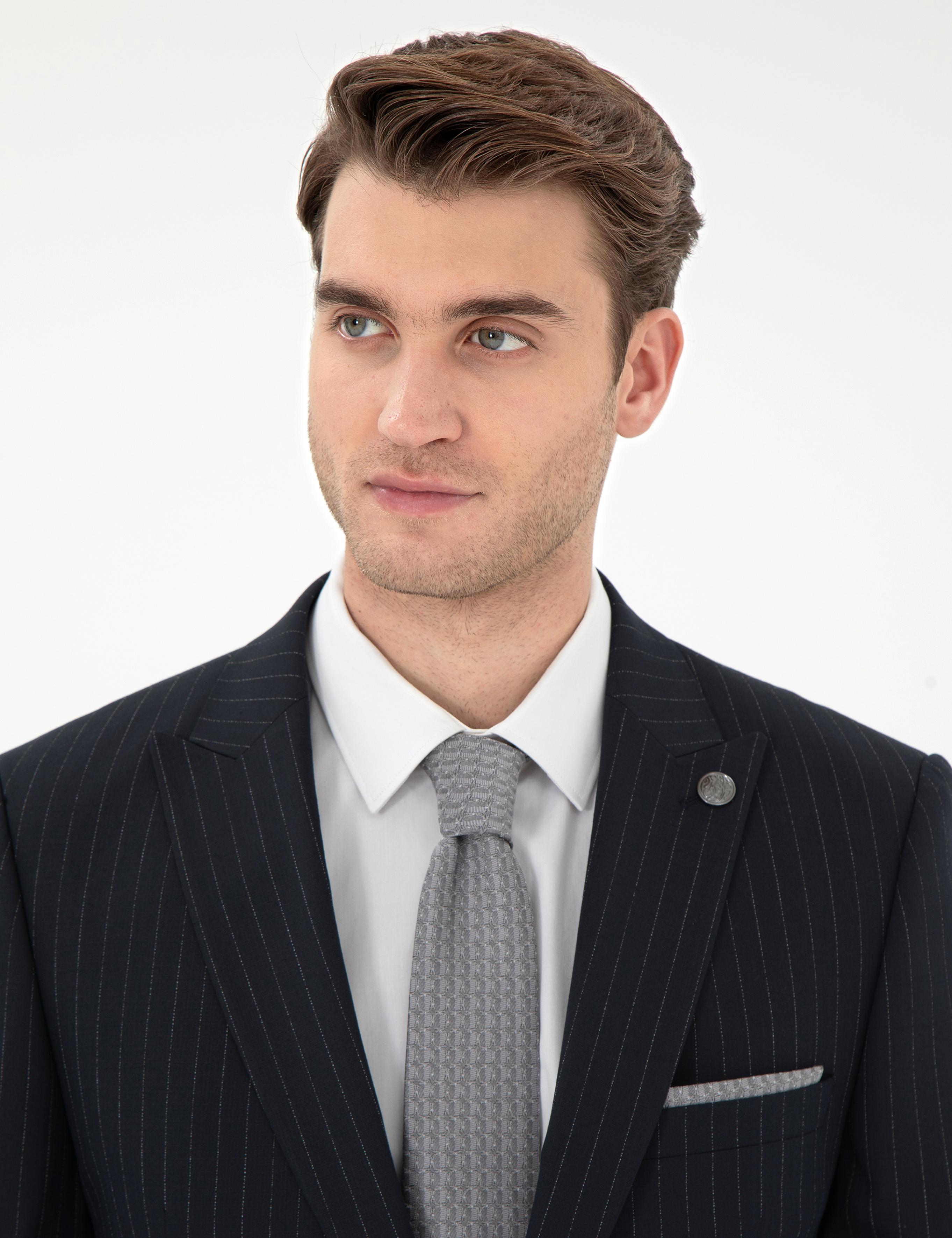 Lacivert Ex. Slim Fit Çizgili Takım Elbise