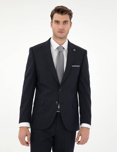 Lacivert Ex. Slim Fit Çizgili Takım Elbise