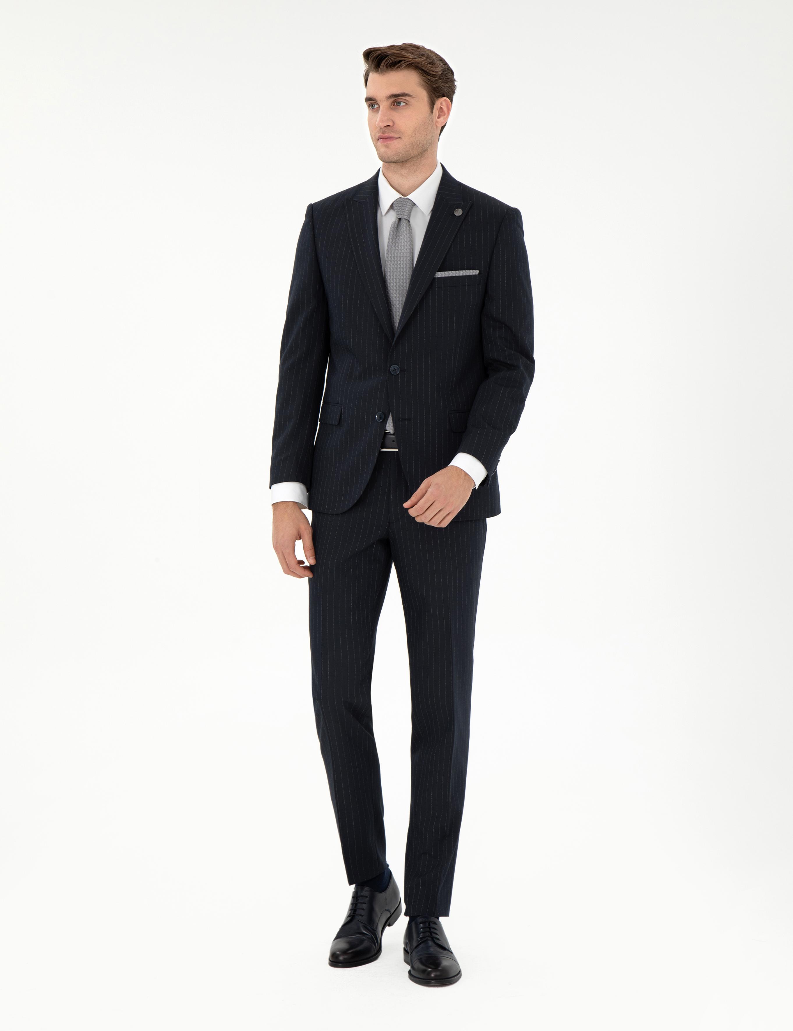 Lacivert Ex. Slim Fit Çizgili Takım Elbise