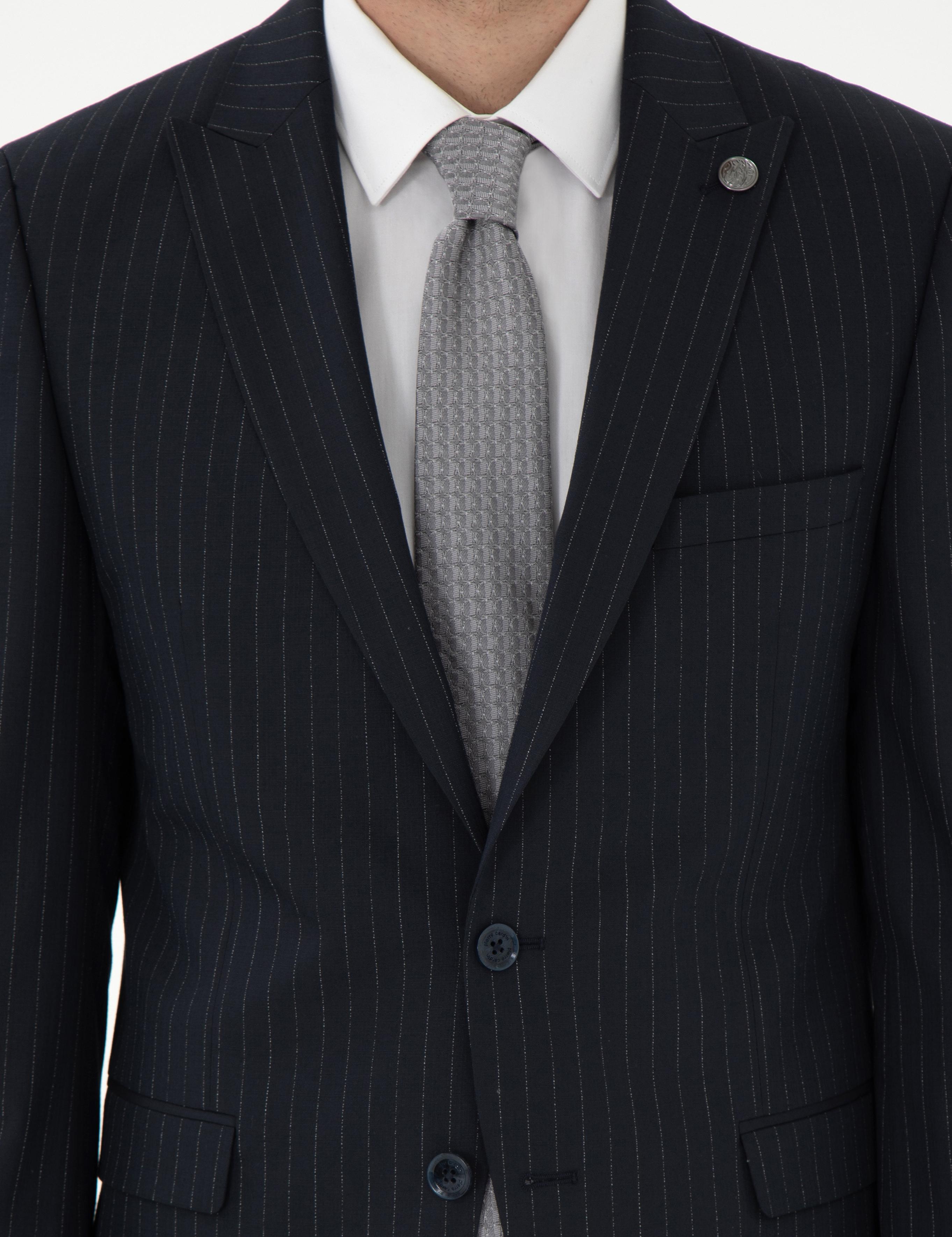 Lacivert Ex. Slim Fit Çizgili Takım Elbise