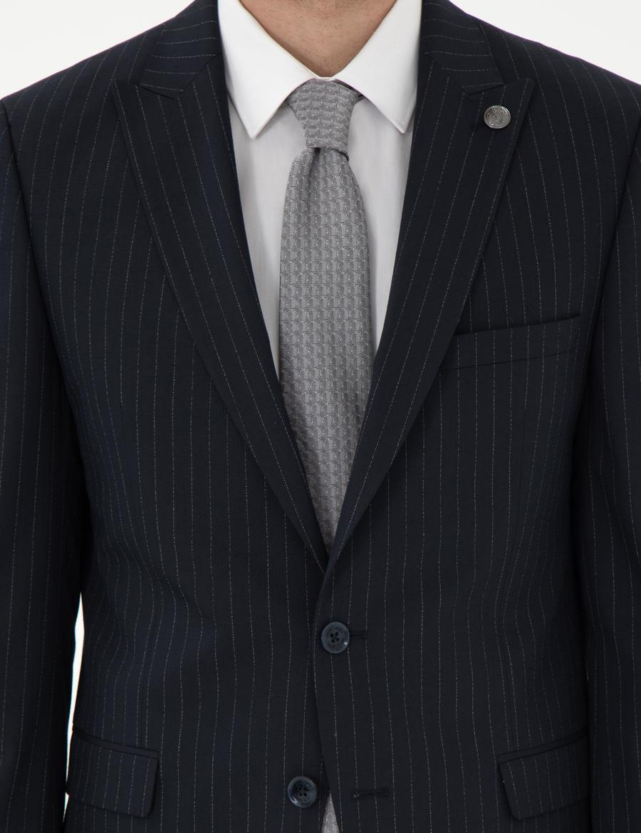 Lacivert Ex. Slim Fit Çizgili Takım Elbise