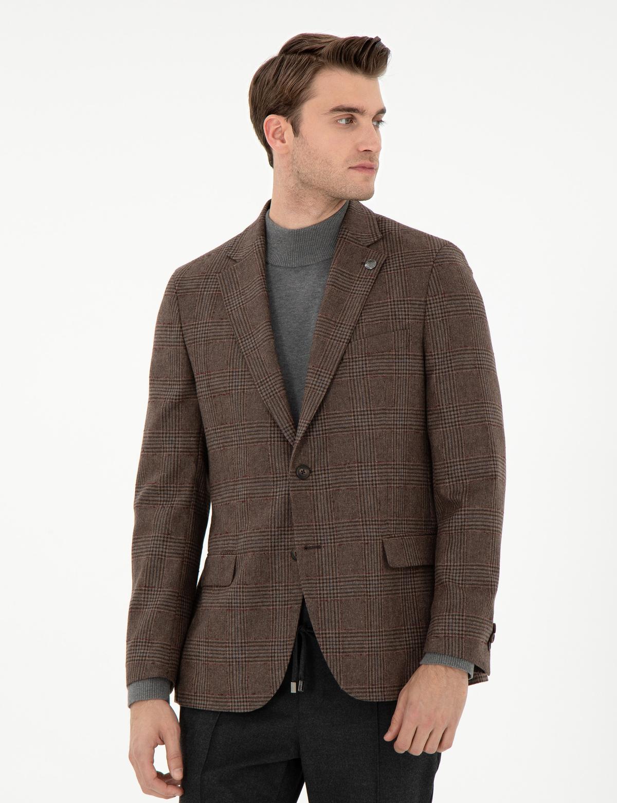 Kahverengi Yün Karışımlı Slim Fit Ceket