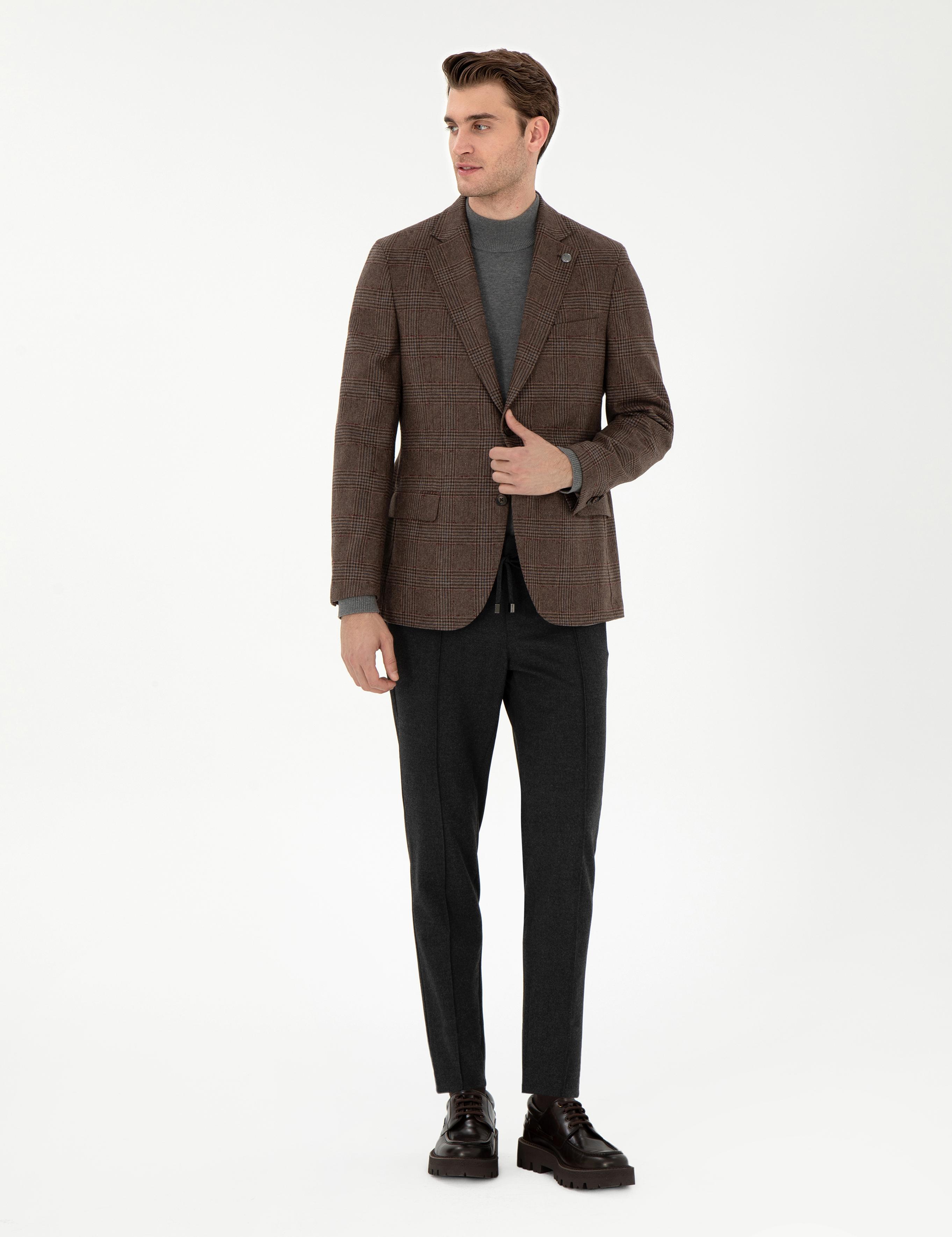 Kahverengi Yün Karışımlı Slim Fit Ceket