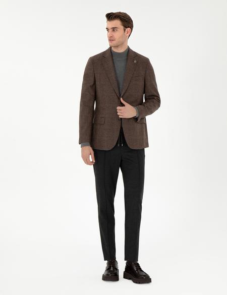 Kahverengi Yün Karışımlı Slim Fit Ceket - 50291933011