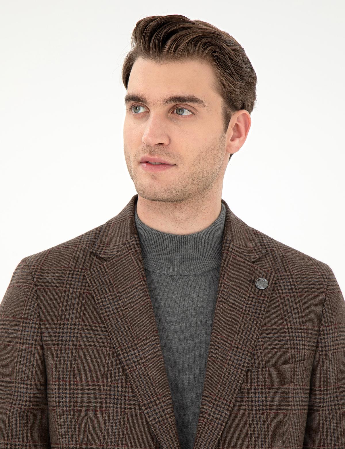 Kahverengi Yün Karışımlı Slim Fit Ceket - 50291933011