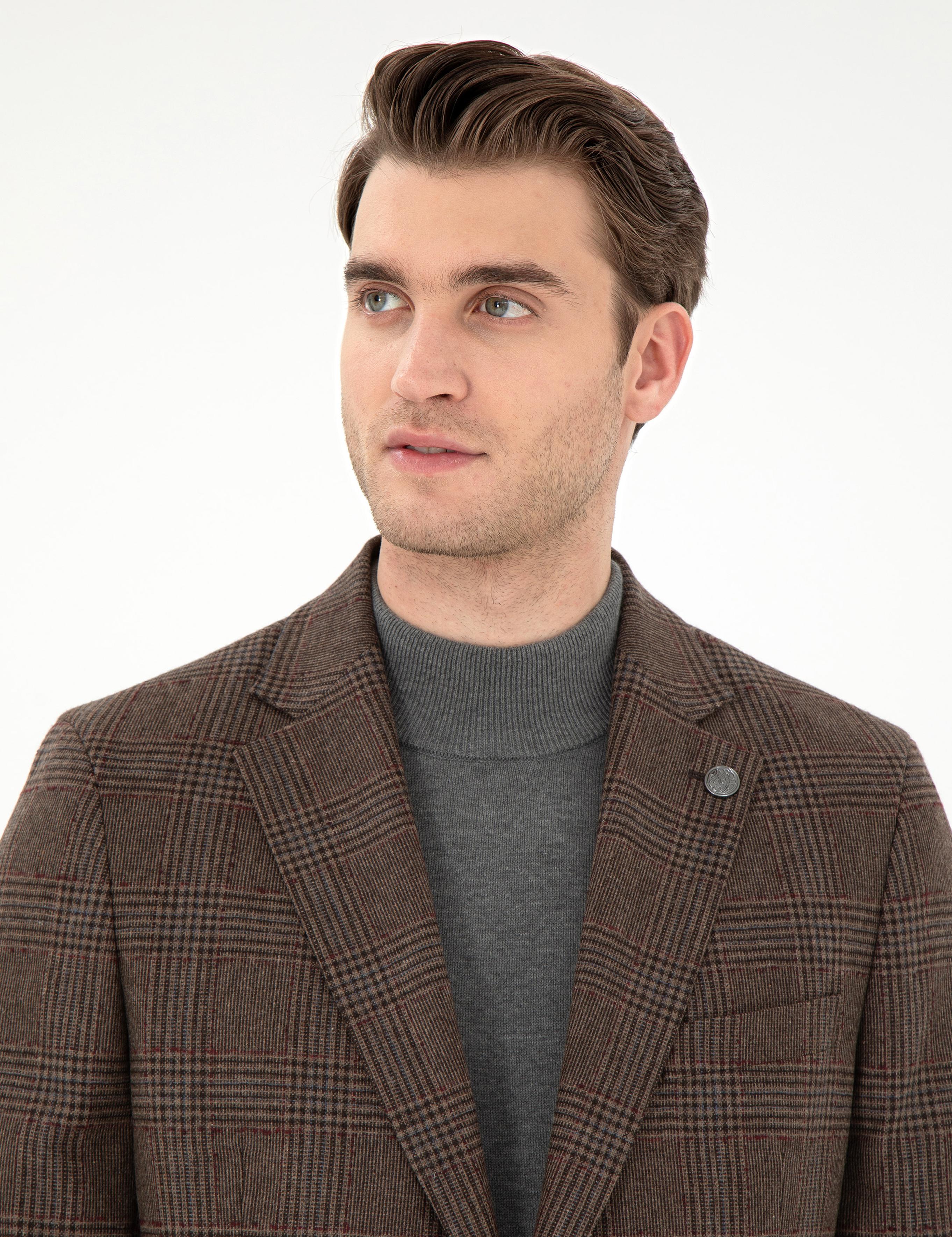 Kahverengi Yün Karışımlı Slim Fit Ceket