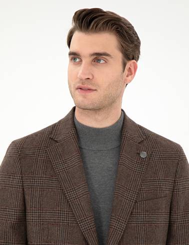 Kahverengi Yün Karışımlı Slim Fit Ceket