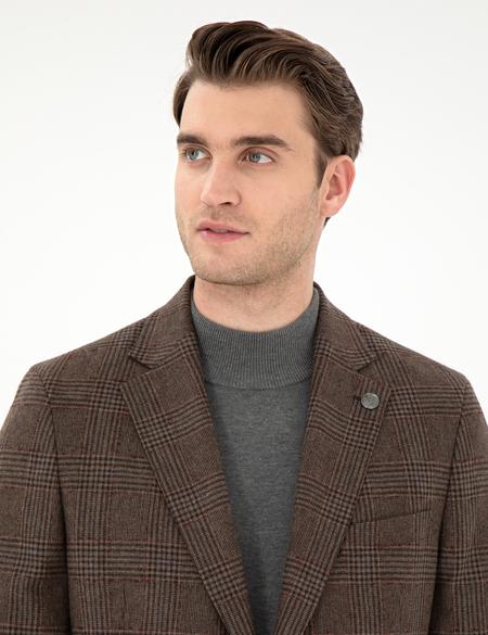 Kahverengi Yün Karışımlı Slim Fit Ceket - 50291933011