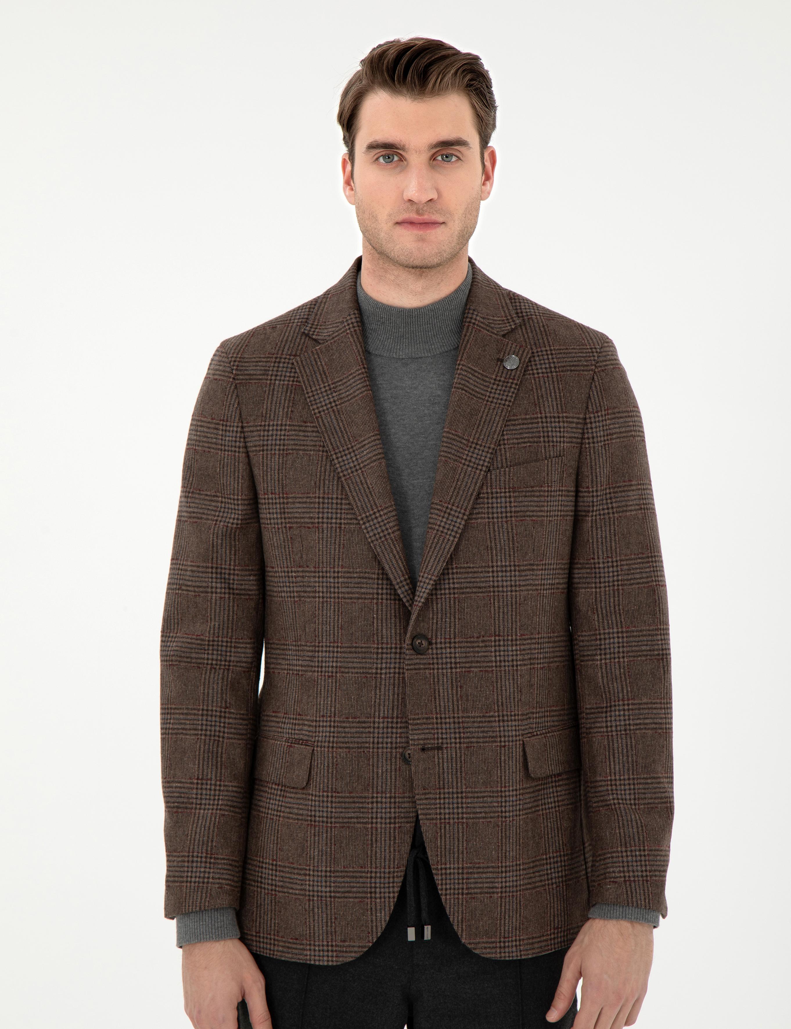 Kahverengi Yün Karışımlı Slim Fit Ceket