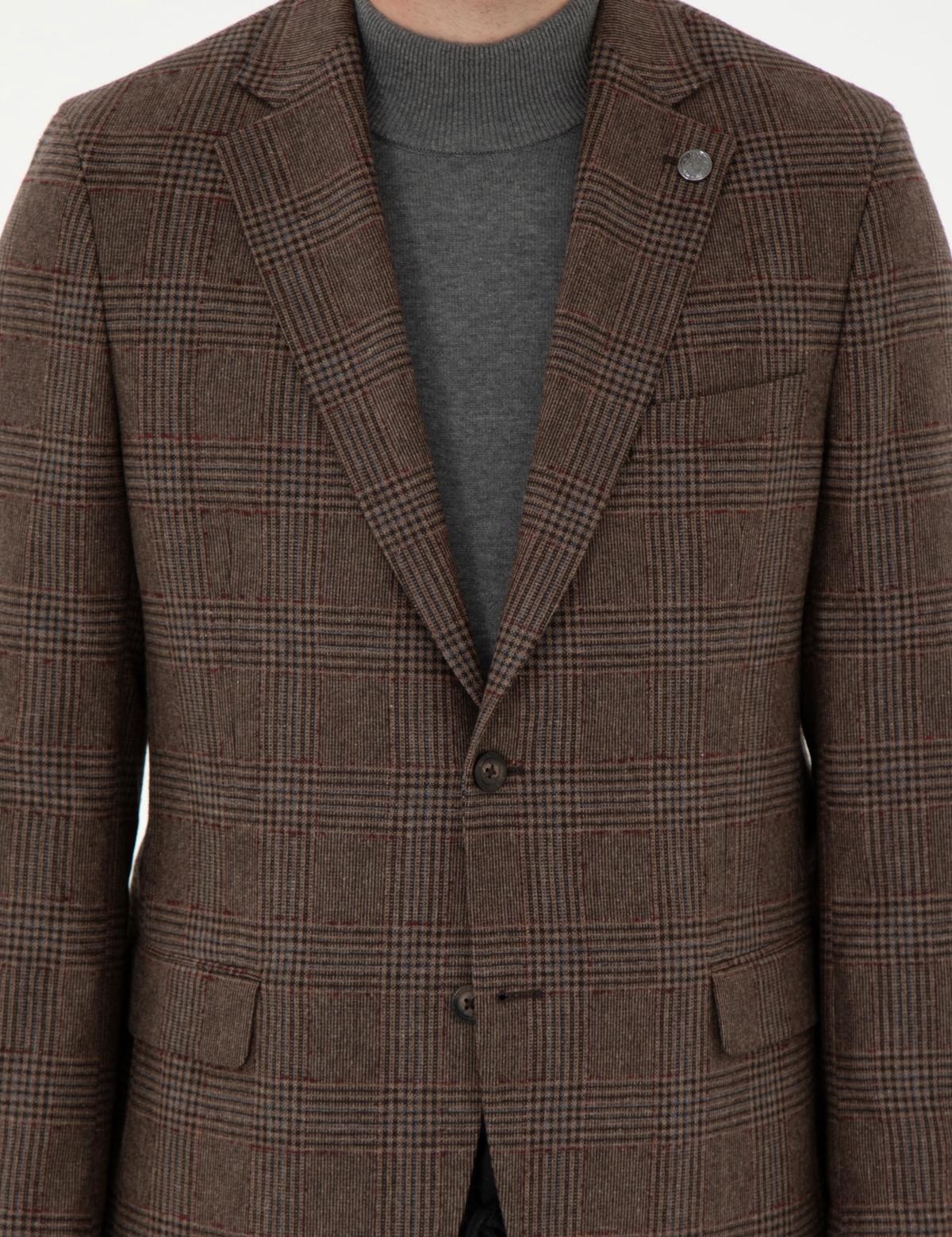 Kahverengi Yün Karışımlı Slim Fit Ceket - 50291933011