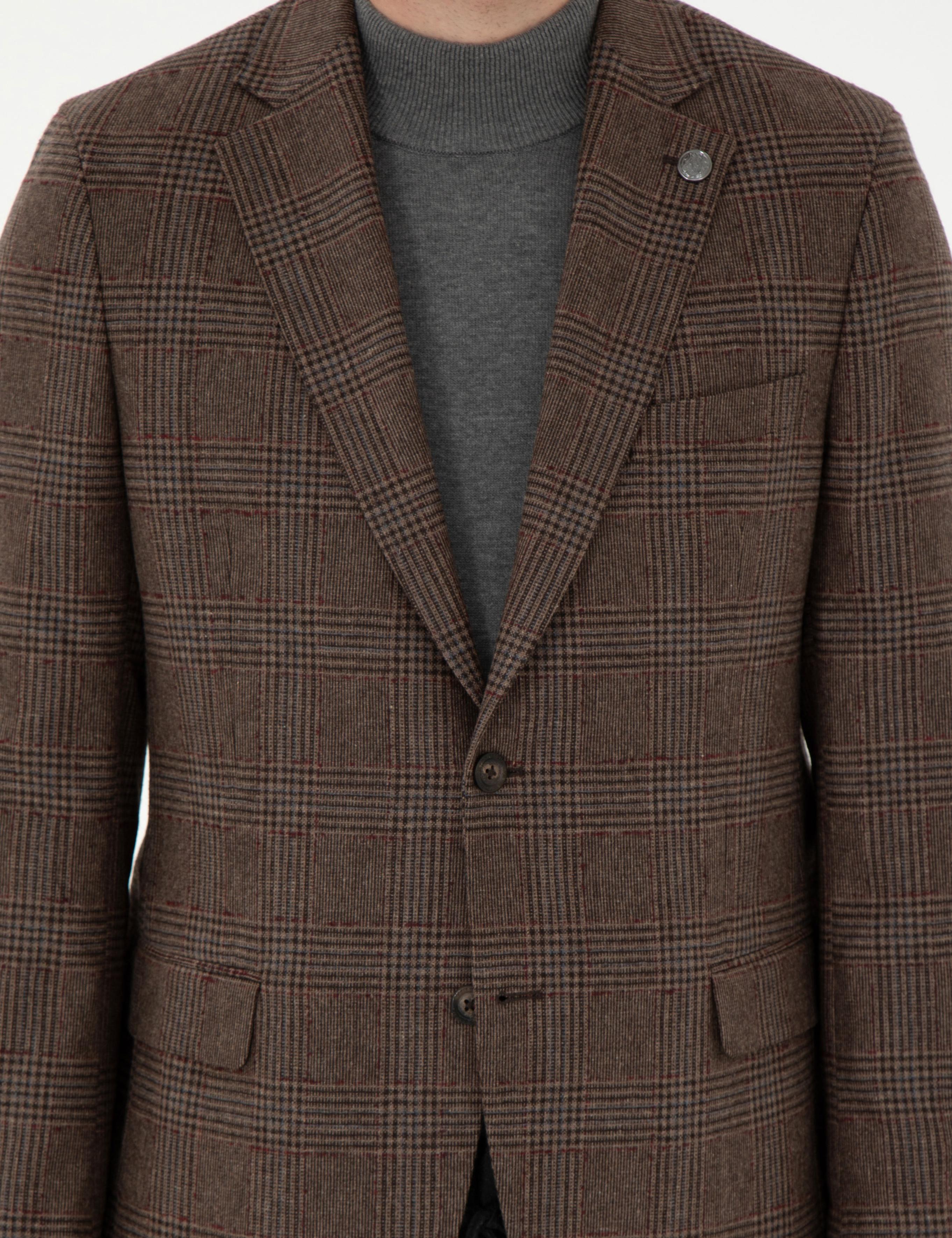 Kahverengi Yün Karışımlı Slim Fit Ceket